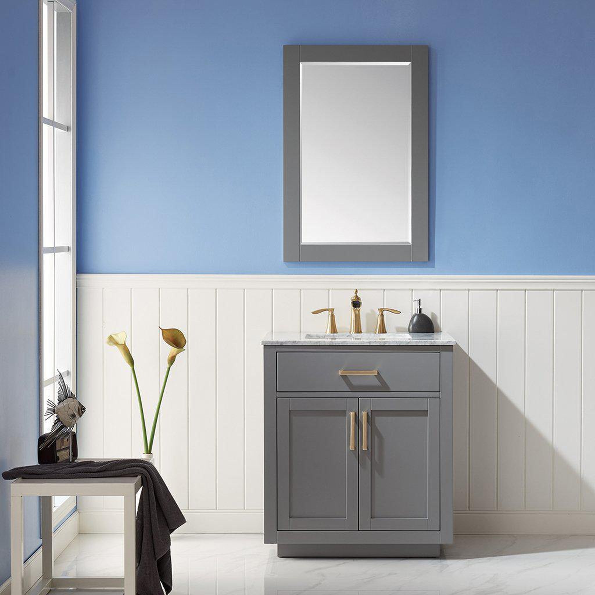 Altair, Altair Ivy 30" Single Gray Freestanding Bathroom Vanity Set With Mirror, Natural Carrara White Marble Top, Rectangular Undermount Ceramic Sink, and Overflow