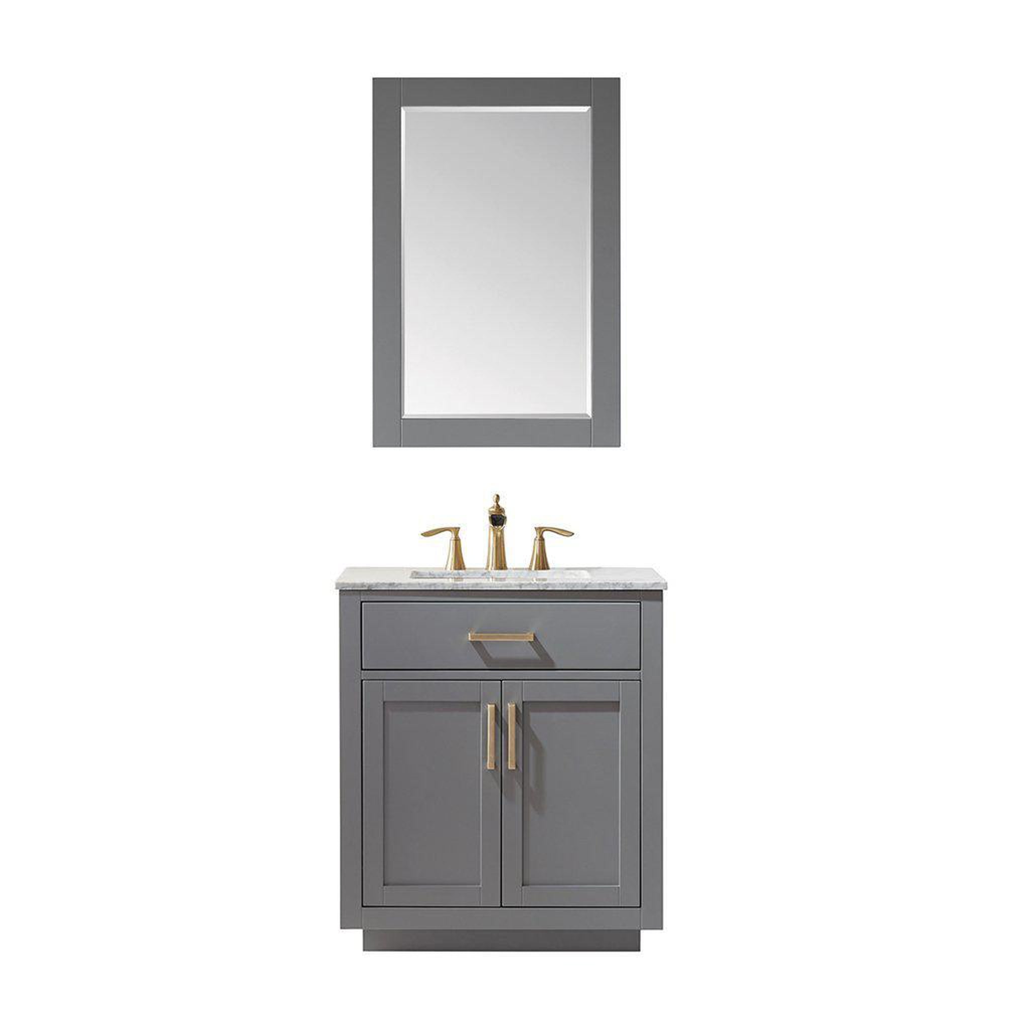 Altair, Altair Ivy 30" Single Gray Freestanding Bathroom Vanity Set With Mirror, Natural Carrara White Marble Top, Rectangular Undermount Ceramic Sink, and Overflow