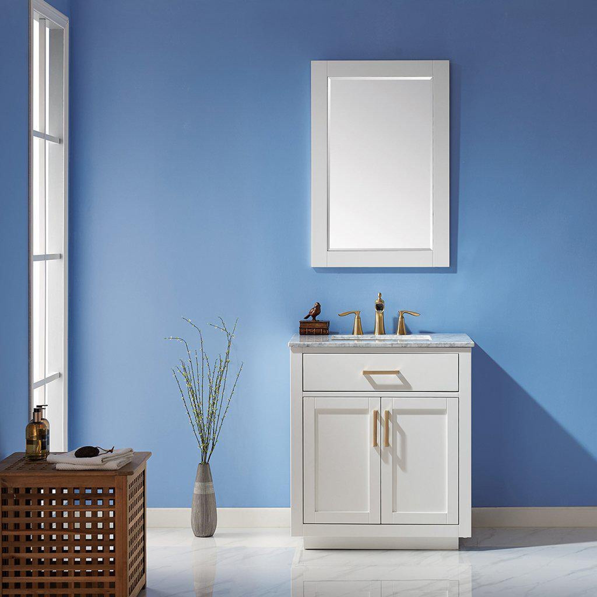 Altair, Altair Ivy 30" Single White Freestanding Bathroom Vanity Set With Mirror, Natural Carrara White Marble Top, Rectangular Undermount Ceramic Sink, and Overflow