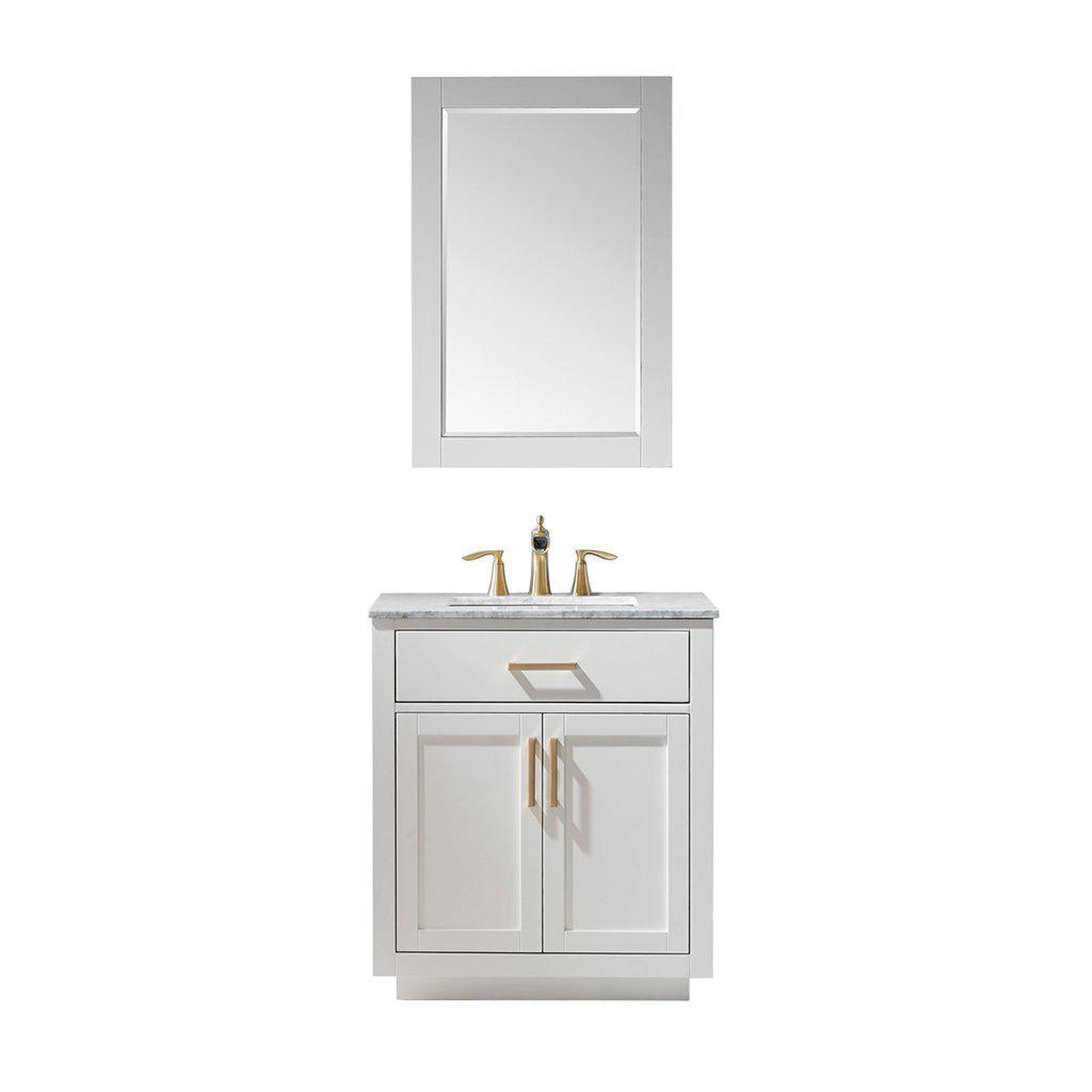 Altair, Altair Ivy 30" Single White Freestanding Bathroom Vanity Set With Mirror, Natural Carrara White Marble Top, Rectangular Undermount Ceramic Sink, and Overflow