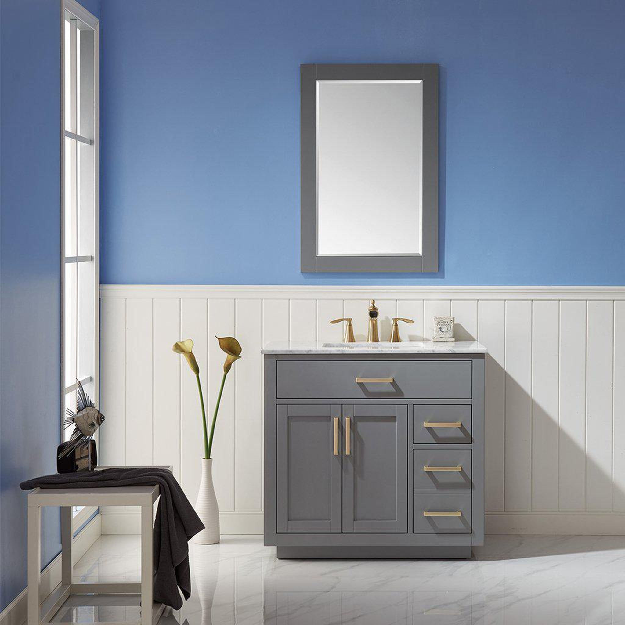 Altair, Altair Ivy 36" Single Gray Freestanding Bathroom Vanity Set With Mirror, Natural Carrara White Marble Top, Rectangular Undermount Ceramic Sink, and Overflow