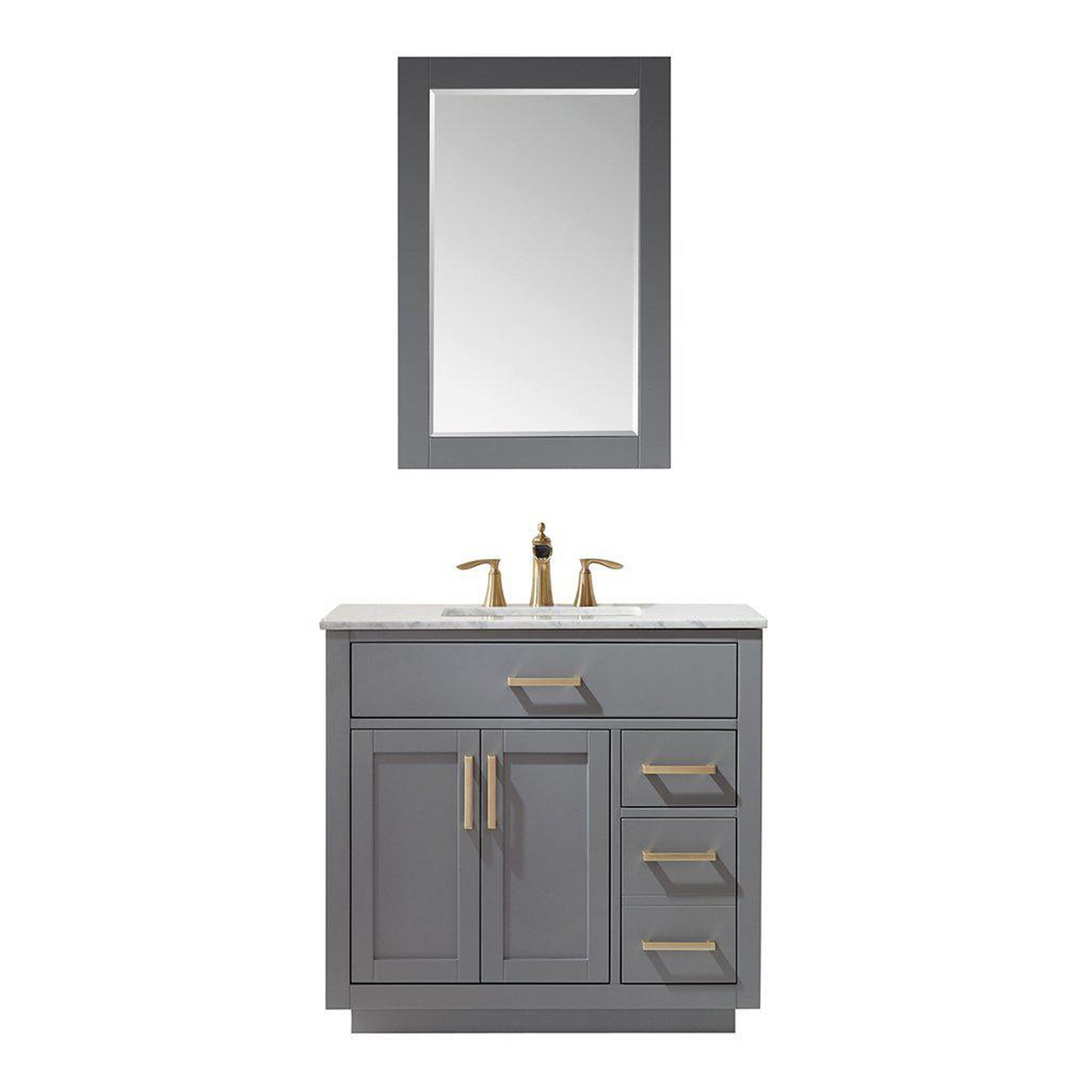 Altair, Altair Ivy 36" Single Gray Freestanding Bathroom Vanity Set With Mirror, Natural Carrara White Marble Top, Rectangular Undermount Ceramic Sink, and Overflow