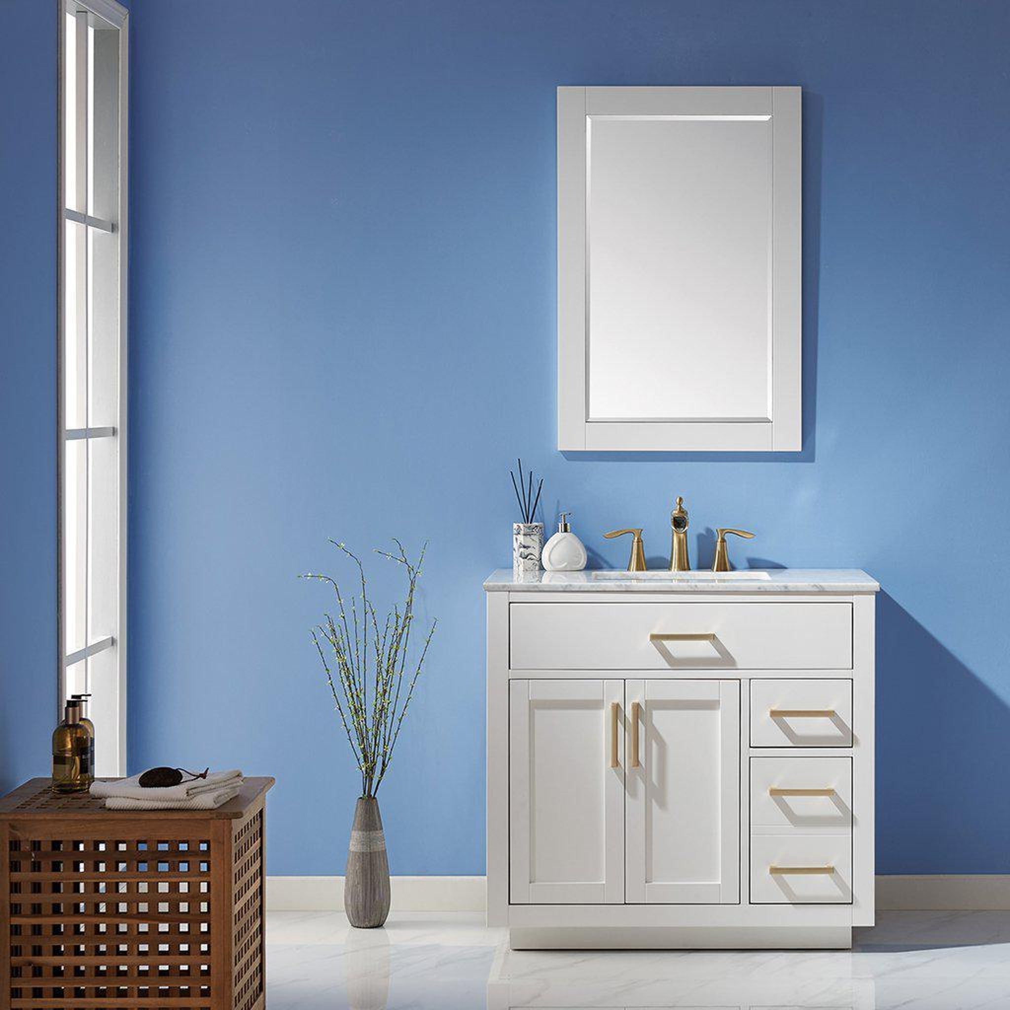 Altair, Altair Ivy 36" Single White Freestanding Bathroom Vanity Set With Mirror, Natural Carrara White Marble Top, Rectangular Undermount Ceramic Sink, and Overflow