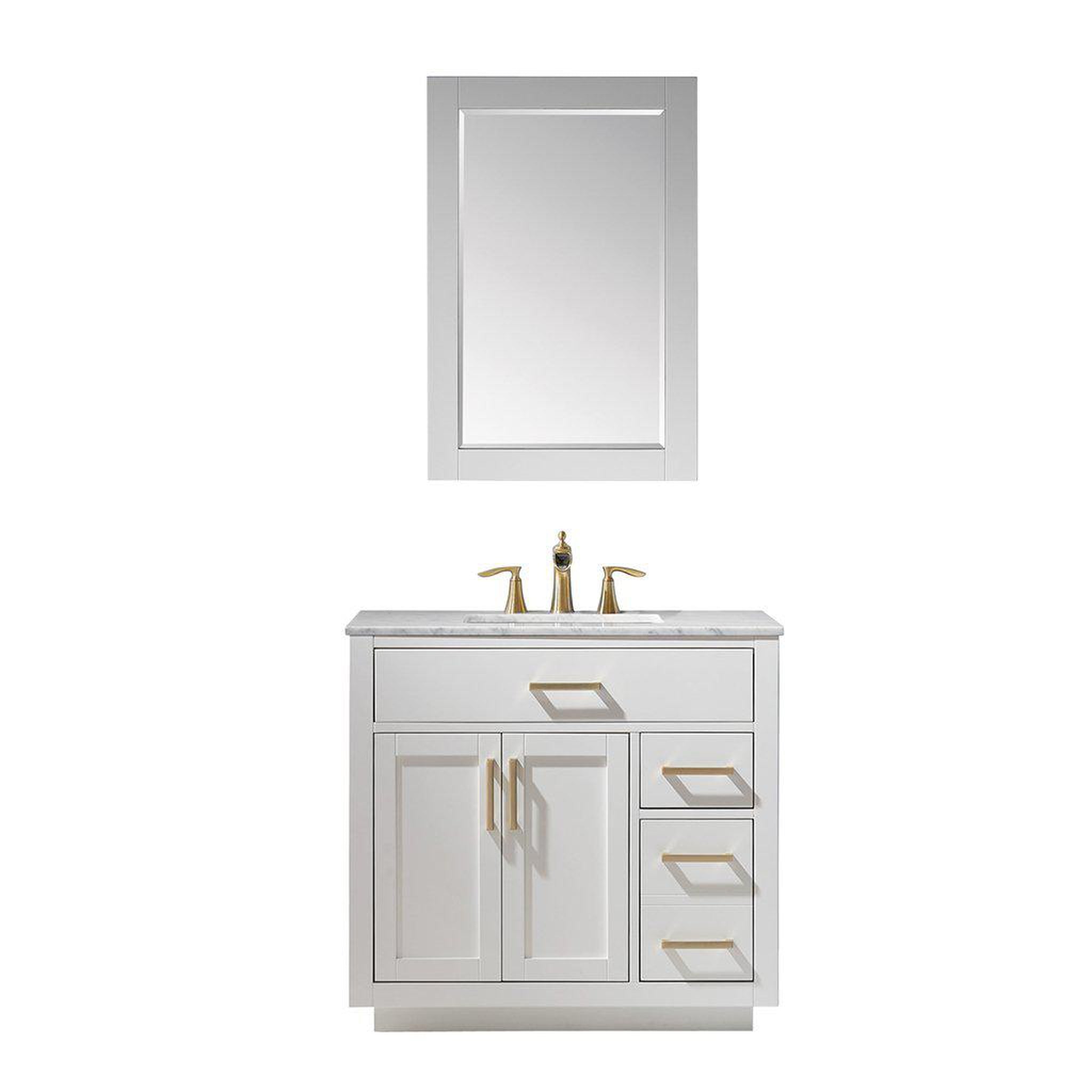 Altair, Altair Ivy 36" Single White Freestanding Bathroom Vanity Set With Mirror, Natural Carrara White Marble Top, Rectangular Undermount Ceramic Sink, and Overflow