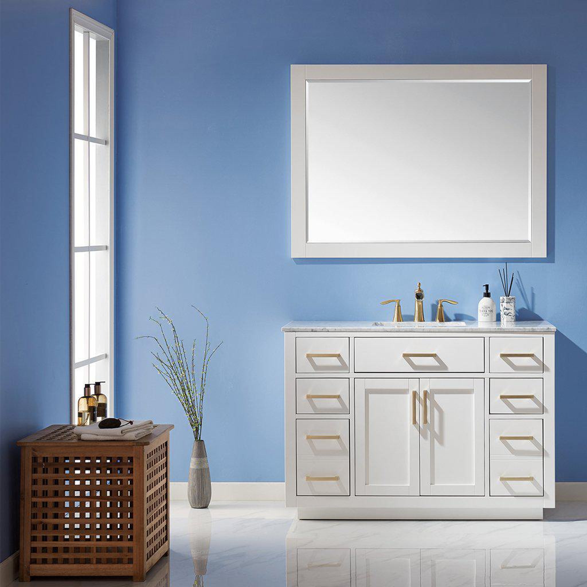 Altair, Altair Ivy 48" Single White Freestanding Bathroom Vanity Set With Mirror, Natural Carrara White Marble Top, Rectangular Undermount Ceramic Sink, and Overflow