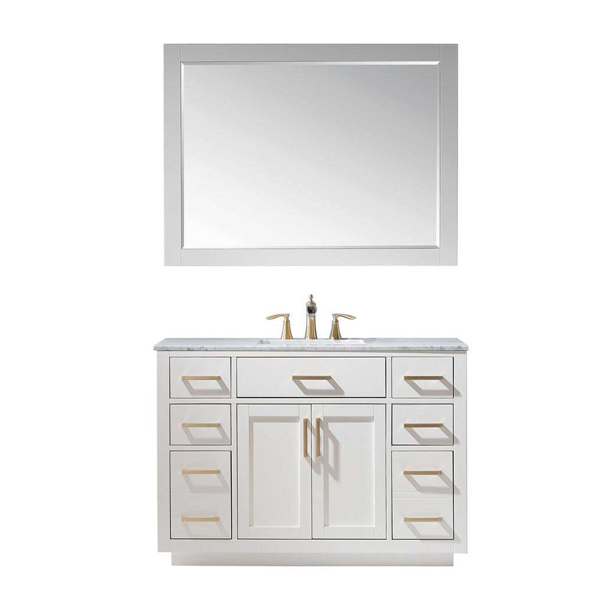 Altair, Altair Ivy 48" Single White Freestanding Bathroom Vanity Set With Mirror, Natural Carrara White Marble Top, Rectangular Undermount Ceramic Sink, and Overflow