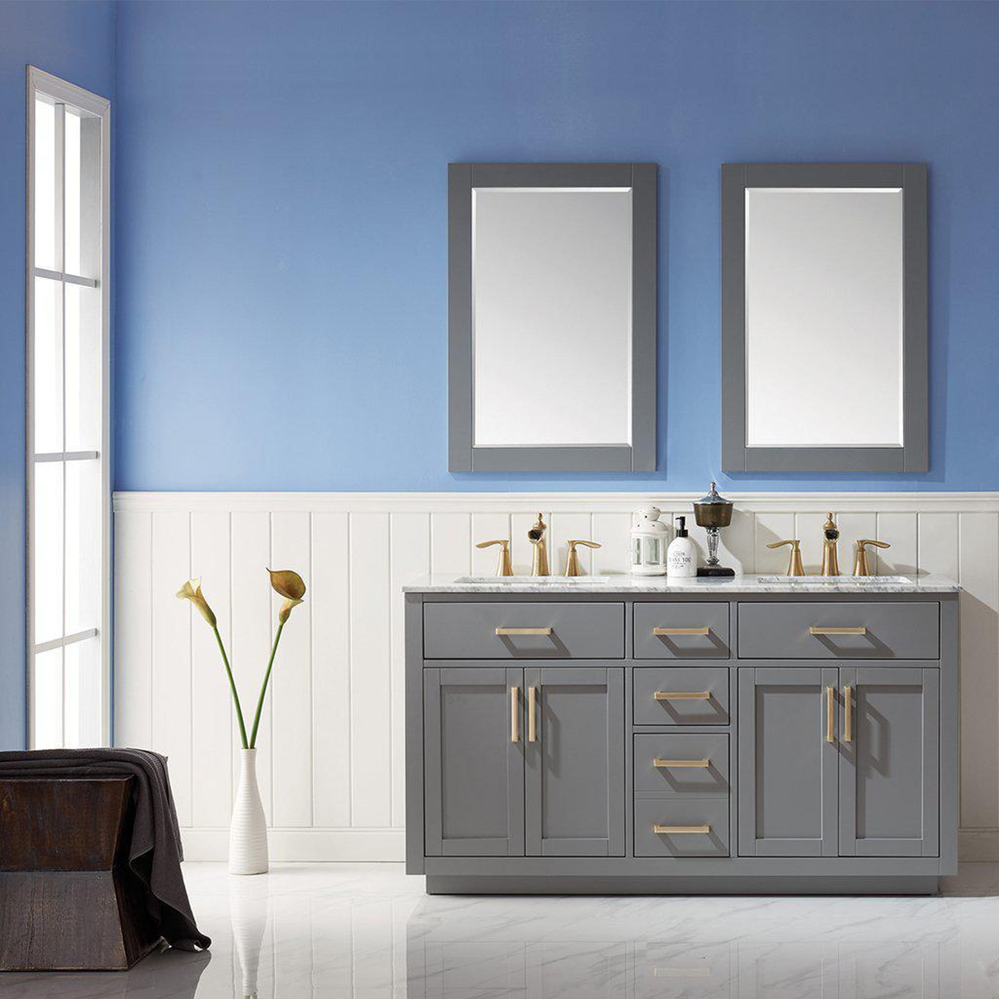 Altair, Altair Ivy 60" Double Gray Freestanding Bathroom Vanity Set With Mirror, Natural Carrara White Marble Top, Two Rectangular Undermount Ceramic Sinks, and Overflow