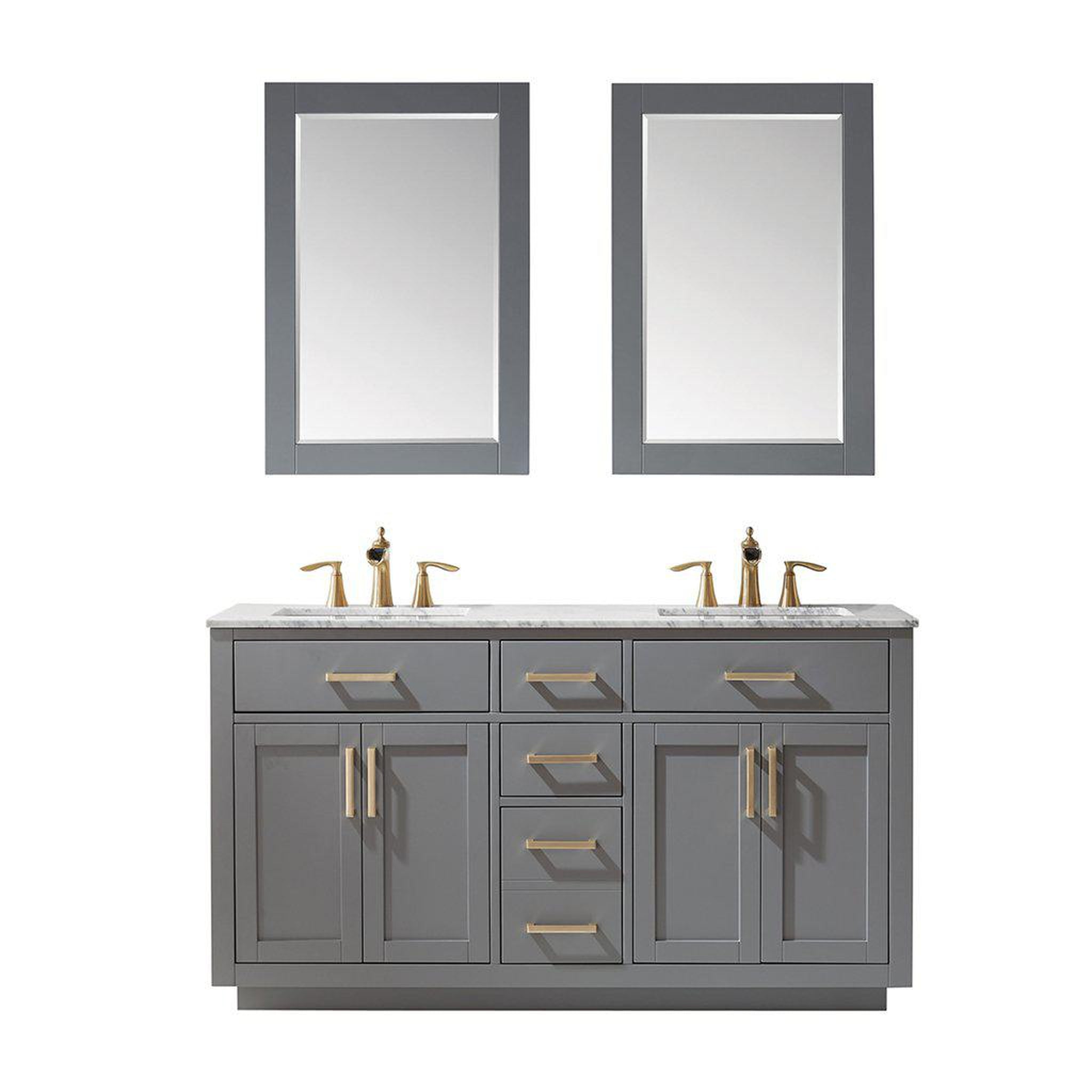 Altair, Altair Ivy 60" Double Gray Freestanding Bathroom Vanity Set With Mirror, Natural Carrara White Marble Top, Two Rectangular Undermount Ceramic Sinks, and Overflow