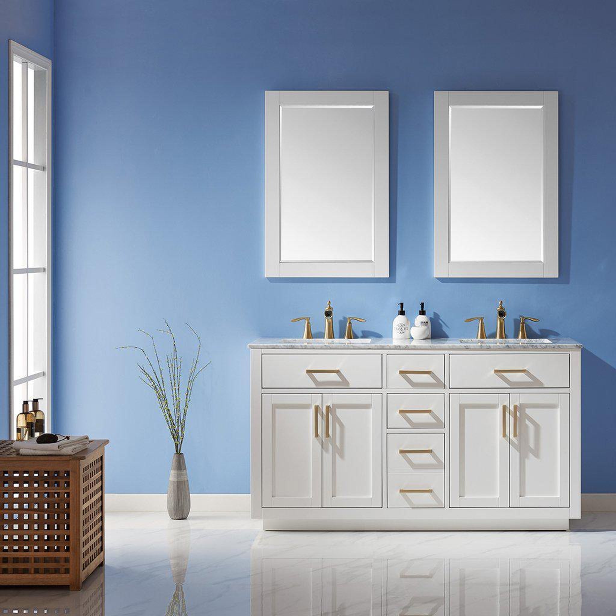 Altair, Altair Ivy 60" Double White Freestanding Bathroom Vanity Set With Mirror, Natural Carrara White Marble Top, Two Rectangular Undermount Ceramic Sinks, and Overflow