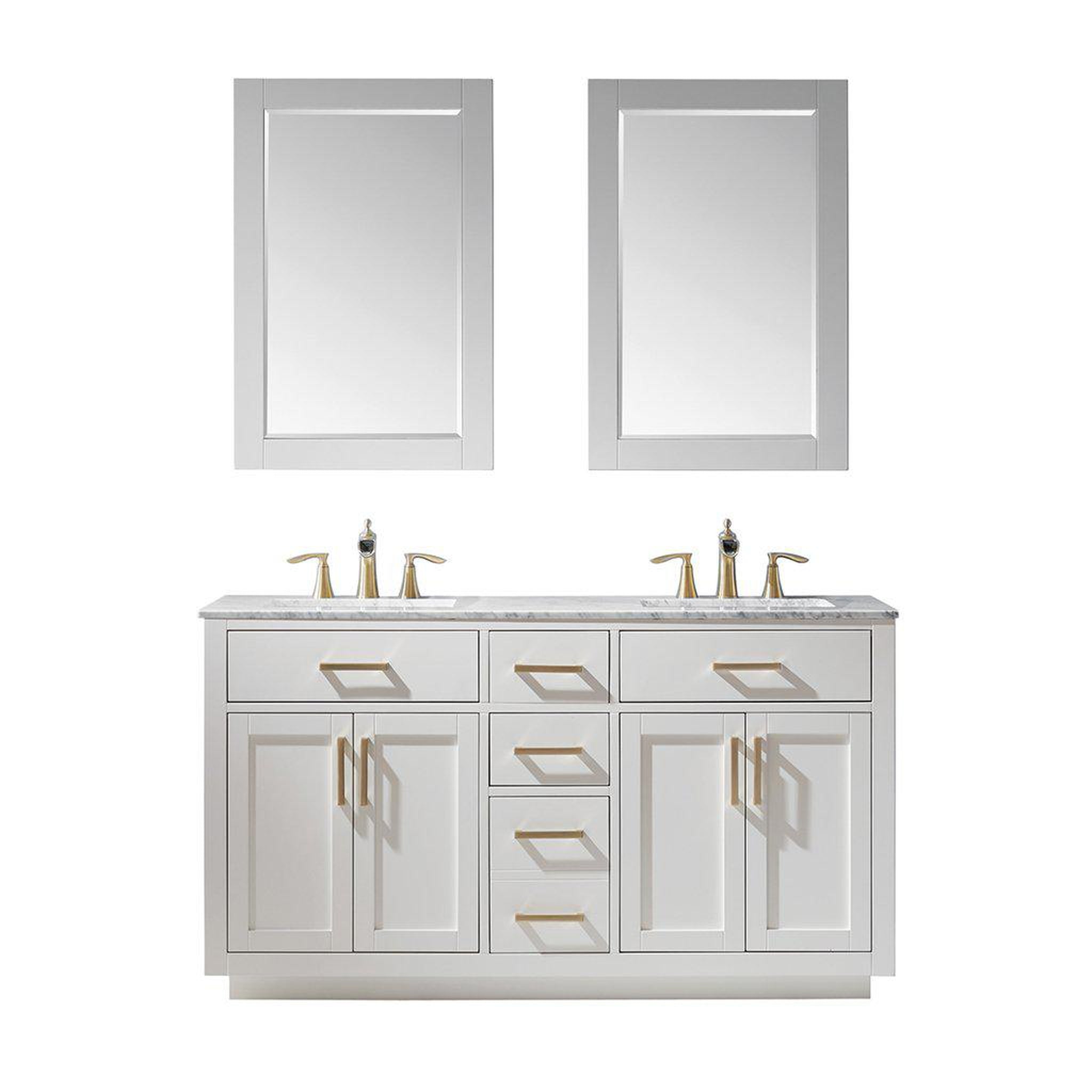 Altair, Altair Ivy 60" Double White Freestanding Bathroom Vanity Set With Mirror, Natural Carrara White Marble Top, Two Rectangular Undermount Ceramic Sinks, and Overflow