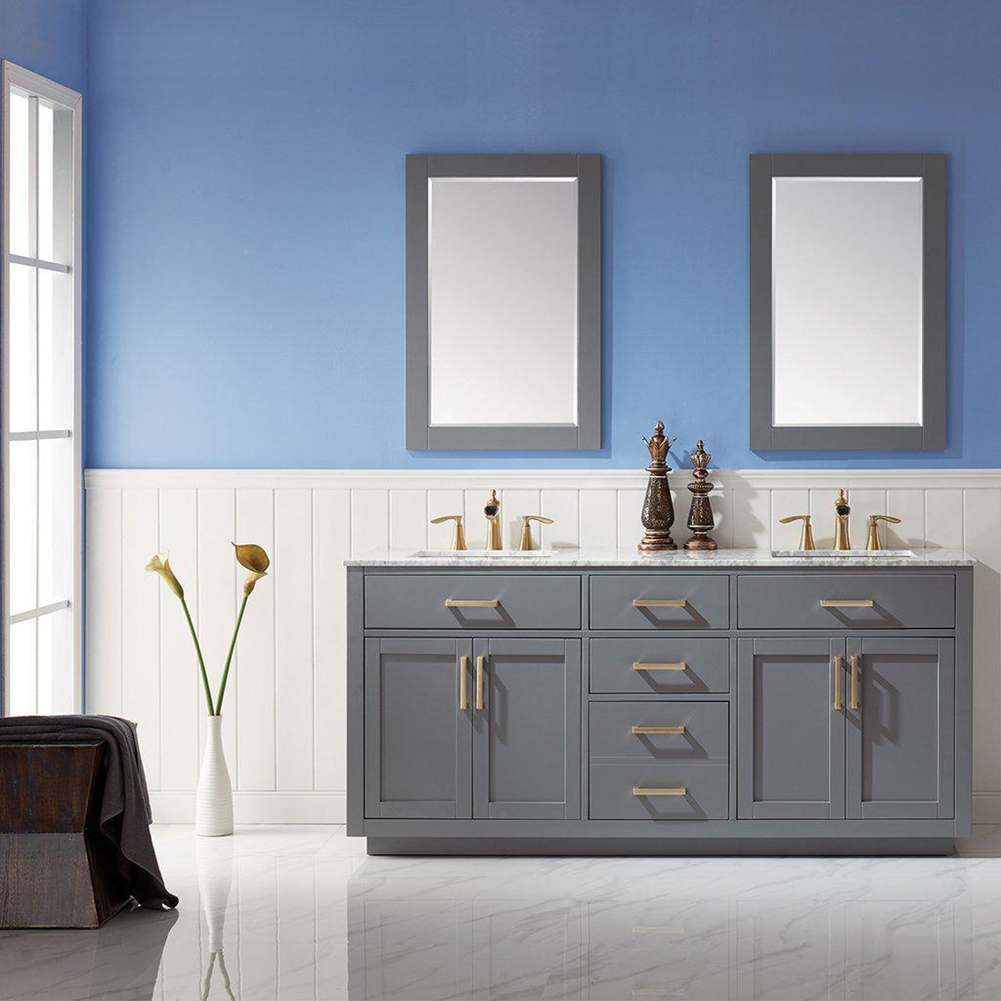 Altair, Altair Ivy 72" Double Gray Freestanding Bathroom Vanity Set With Mirror, Natural Carrara White Marble Top, Two Rectangular Undermount Ceramic Sinks, and Overflow