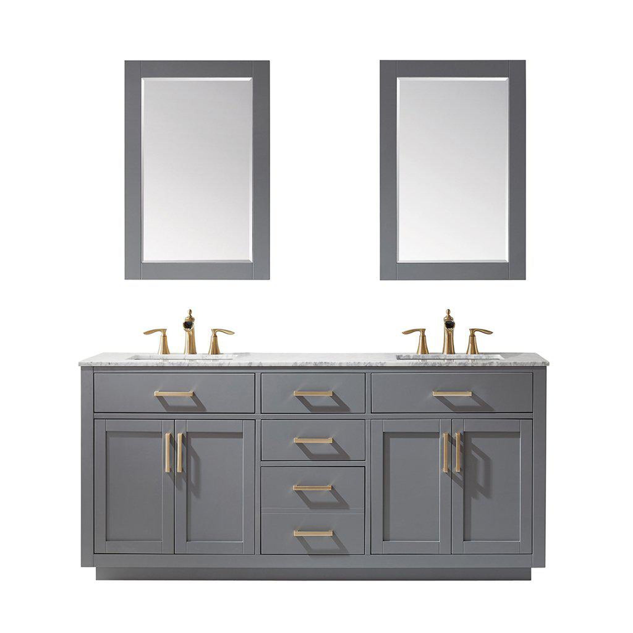 Altair, Altair Ivy 72" Double Gray Freestanding Bathroom Vanity Set With Mirror, Natural Carrara White Marble Top, Two Rectangular Undermount Ceramic Sinks, and Overflow