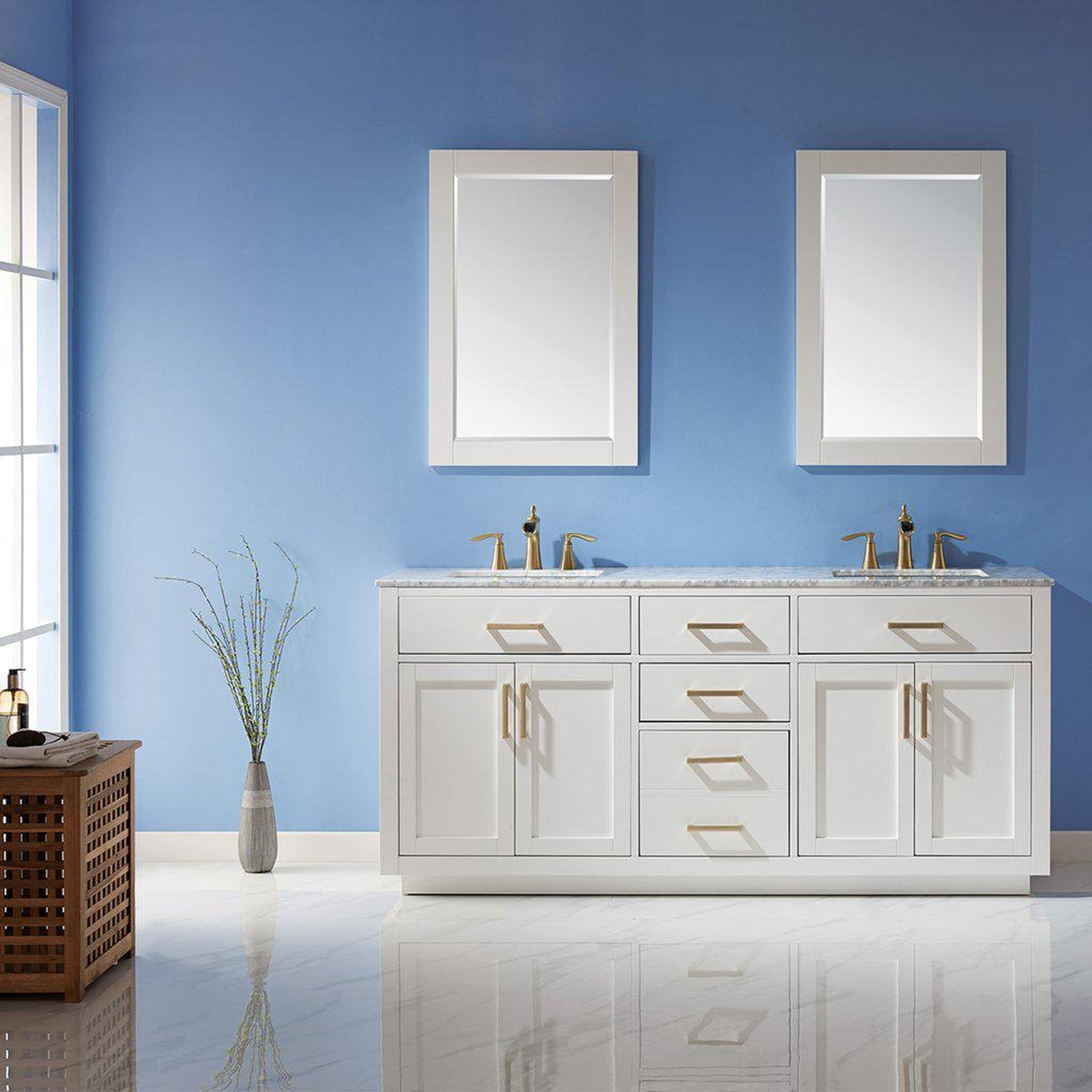 Altair, Altair Ivy 72" Double White Freestanding Bathroom Vanity Set With Mirror, Natural Carrara White Marble Top, Two Rectangular Undermount Ceramic Sinks, and Overflow