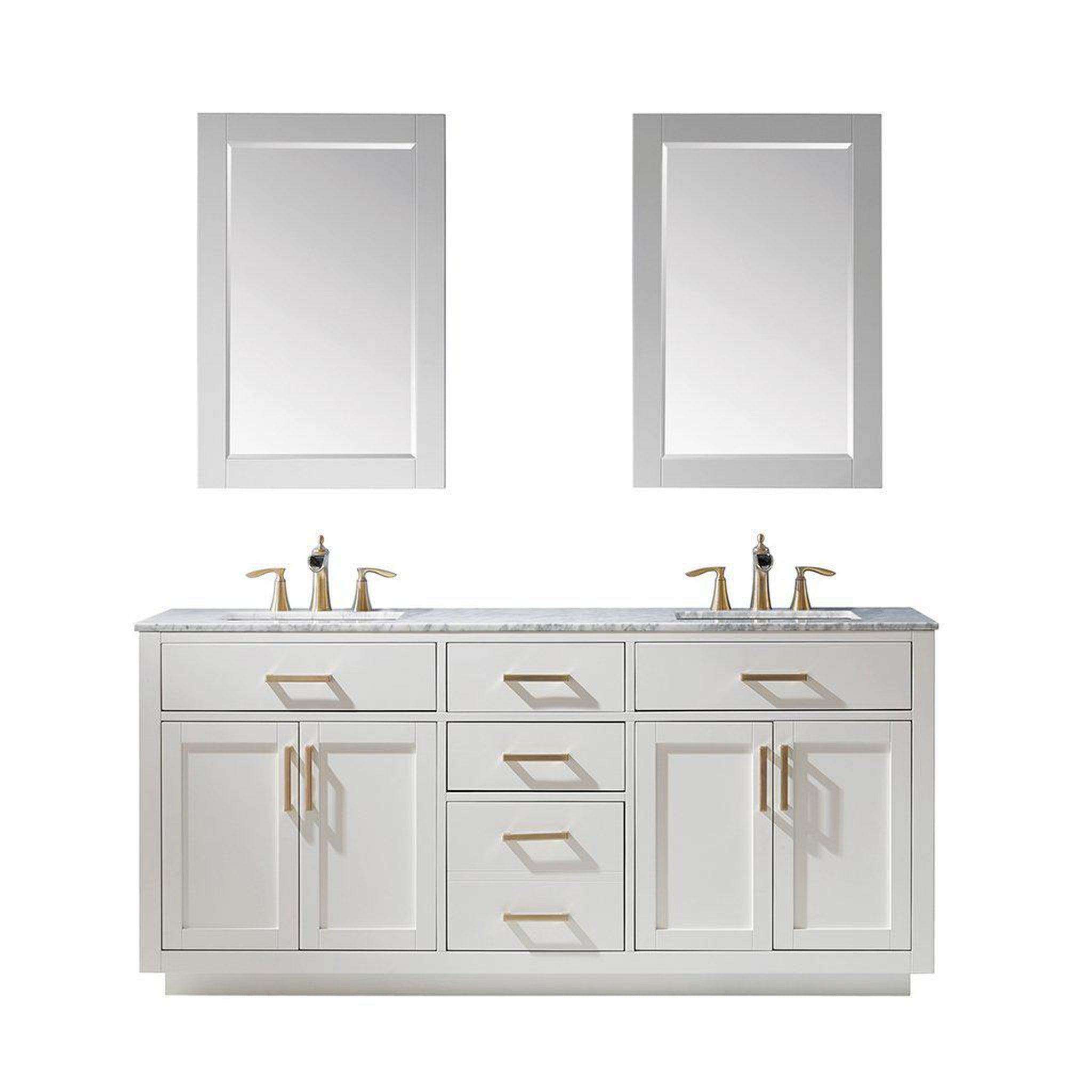 Altair, Altair Ivy 72" Double White Freestanding Bathroom Vanity Set With Mirror, Natural Carrara White Marble Top, Two Rectangular Undermount Ceramic Sinks, and Overflow