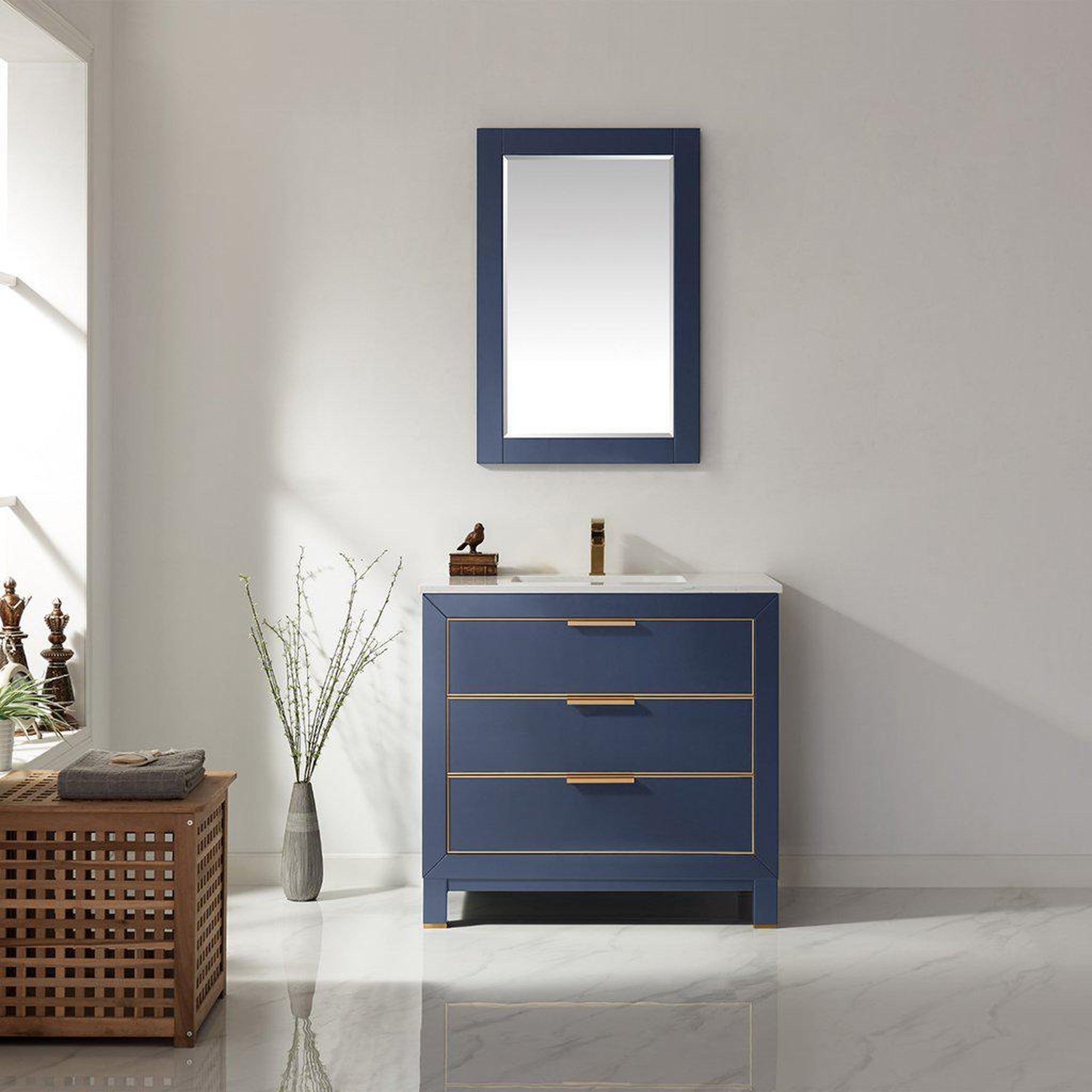 Altair, Altair Jackson 36" Single Royal Blue Freestanding Bathroom Vanity Set With Mirror, Aosta White Composite Stone Top, Rectangular Undermount Ceramic Sink, and Overflow