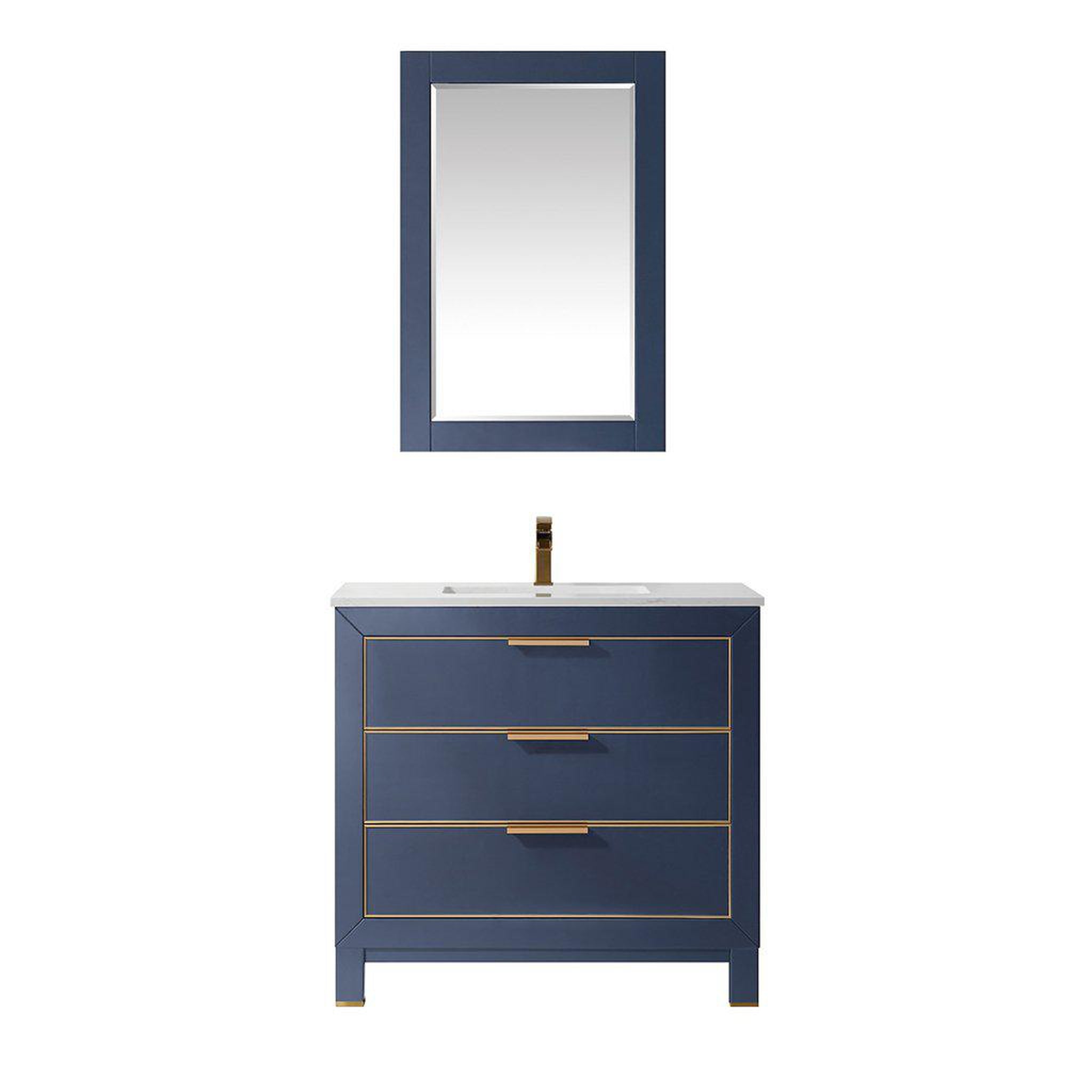 Altair, Altair Jackson 36" Single Royal Blue Freestanding Bathroom Vanity Set With Mirror, Aosta White Composite Stone Top, Rectangular Undermount Ceramic Sink, and Overflow