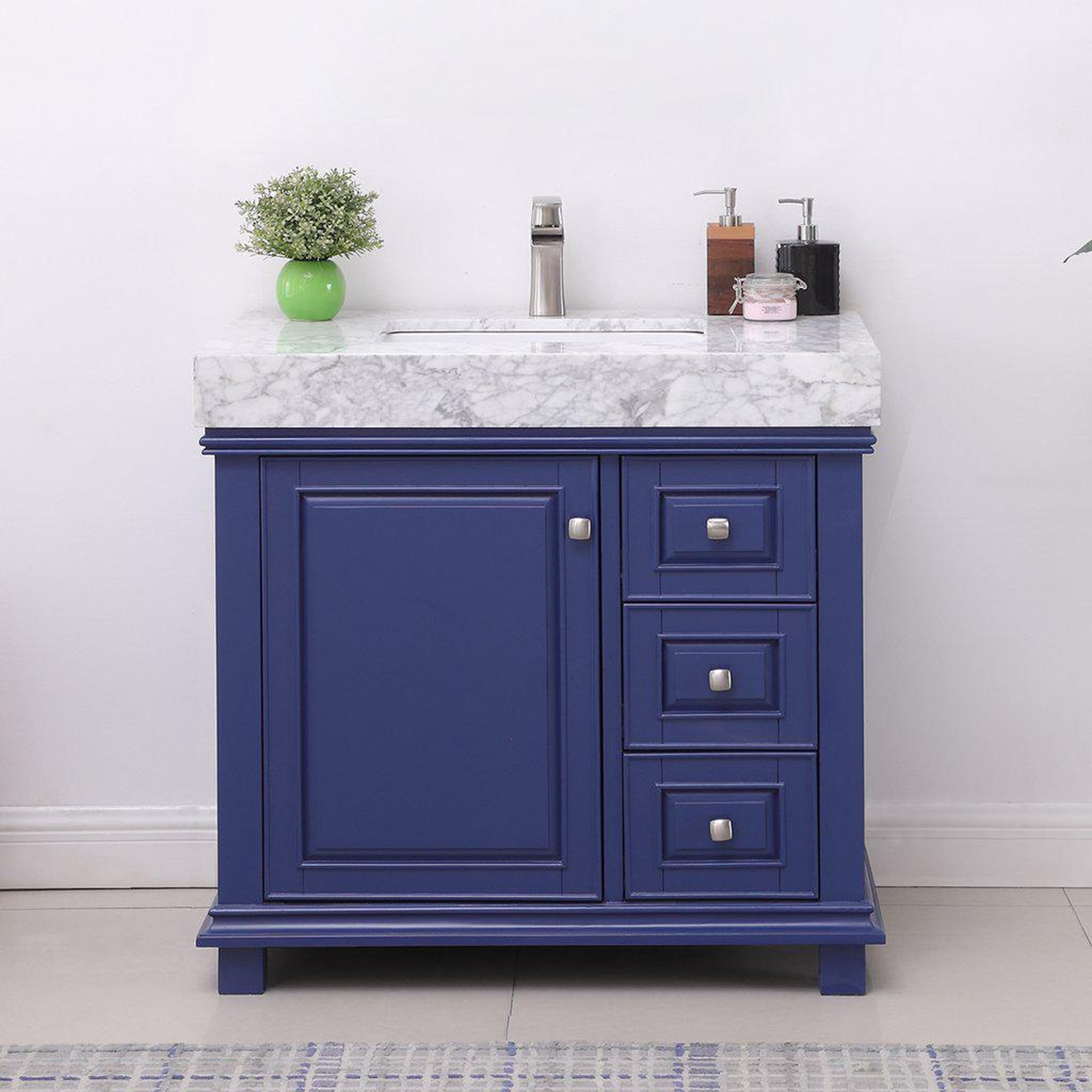 Altair, Altair Jardin 36" Single Jewelry Blue Freestanding Bathroom Vanity Set With Natural Carrara White Marble Top, Rectangular Undermount Ceramic Sink, and Overflow