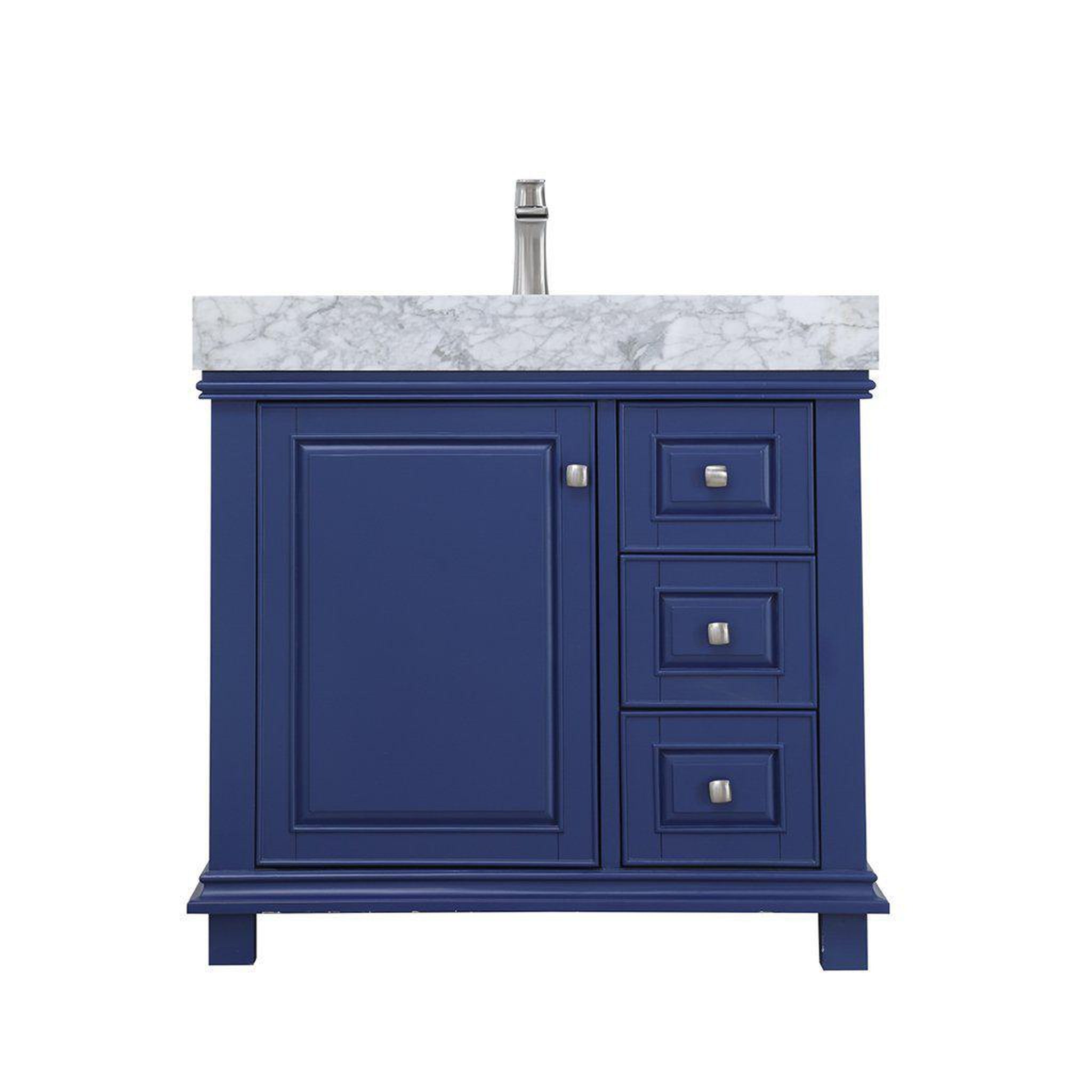 Altair, Altair Jardin 36" Single Jewelry Blue Freestanding Bathroom Vanity Set With Natural Carrara White Marble Top, Rectangular Undermount Ceramic Sink, and Overflow