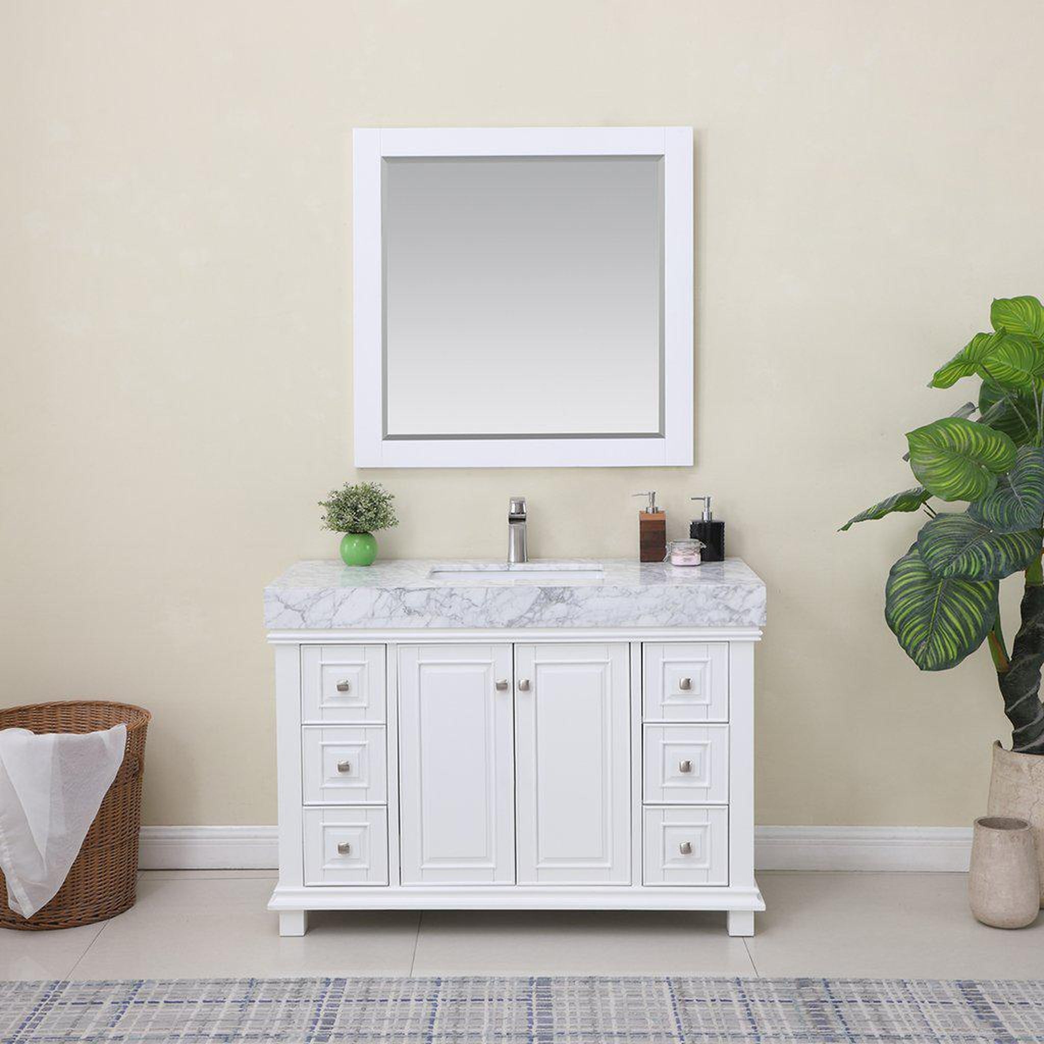 Altair, Altair Jardin 48" Single White Freestanding Bathroom Vanity Set With Mirror, Natural Carrara White Marble Top, Rectangular Undermount Ceramic Sink, and Overflow