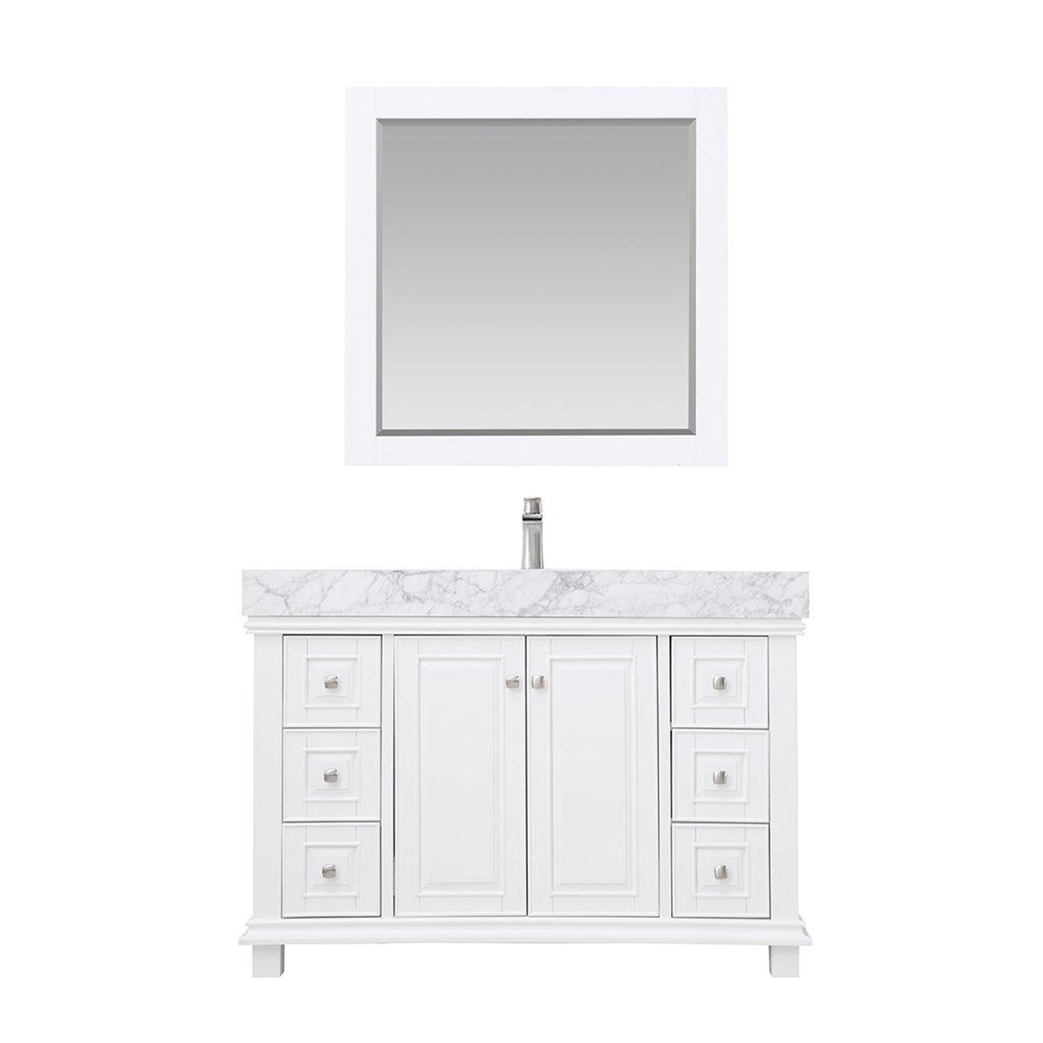 Altair, Altair Jardin 48" Single White Freestanding Bathroom Vanity Set With Mirror, Natural Carrara White Marble Top, Rectangular Undermount Ceramic Sink, and Overflow