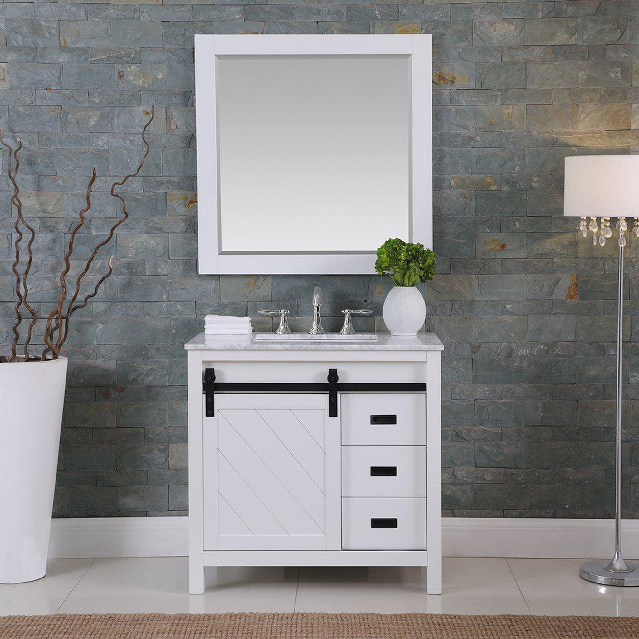 Altair, Altair Kinsley 36" Single White Freestanding Bathroom Vanity Set With Mirror, Natural Carrara White Marble Top, Rectangular Undermount Ceramic Sink, and Overflow