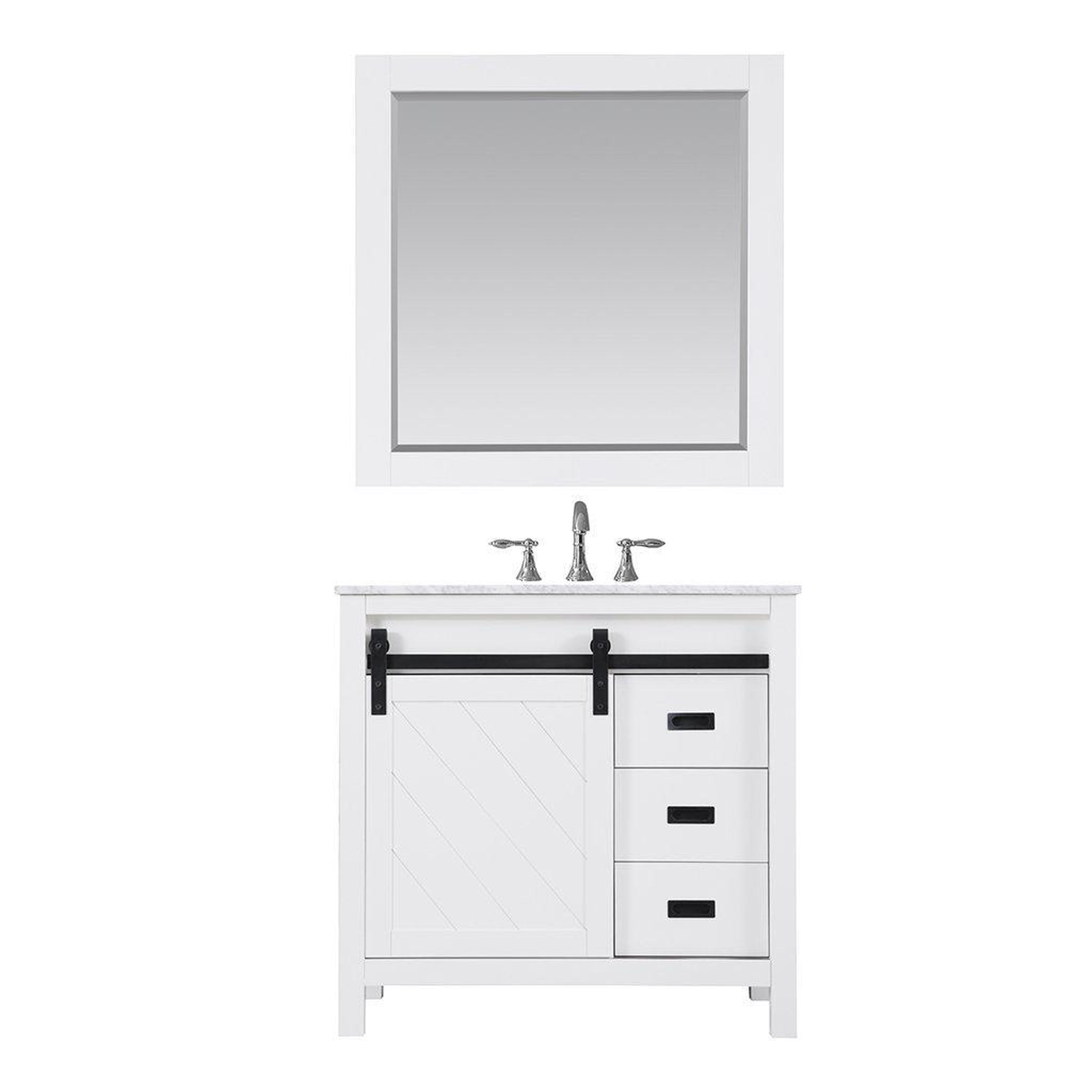 Altair, Altair Kinsley 36" Single White Freestanding Bathroom Vanity Set With Mirror, Natural Carrara White Marble Top, Rectangular Undermount Ceramic Sink, and Overflow