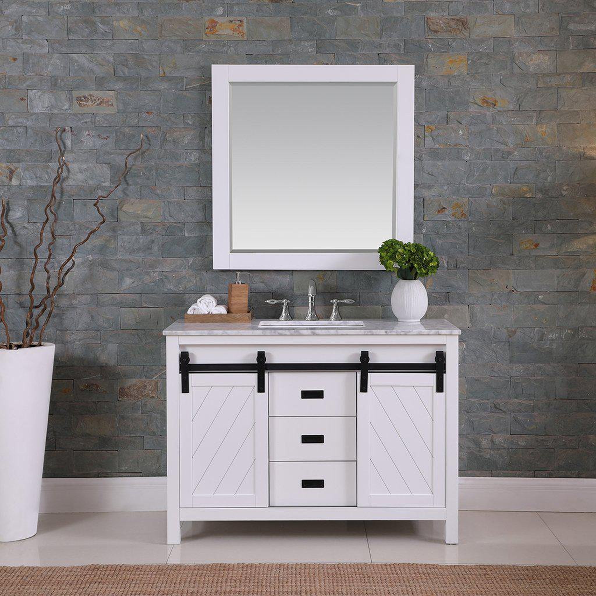 Altair, Altair Kinsley 48" Single White Freestanding Bathroom Vanity Set With Mirror, Natural Carrara White Marble Top, Rectangular Undermount Ceramic Sink, and Overflow