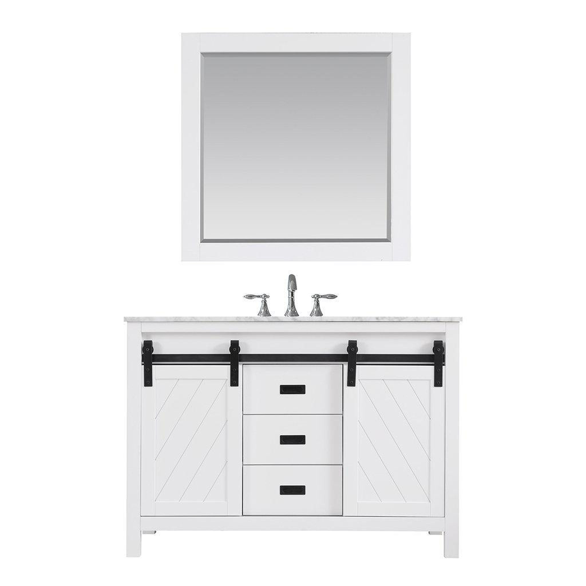 Altair, Altair Kinsley 48" Single White Freestanding Bathroom Vanity Set With Mirror, Natural Carrara White Marble Top, Rectangular Undermount Ceramic Sink, and Overflow