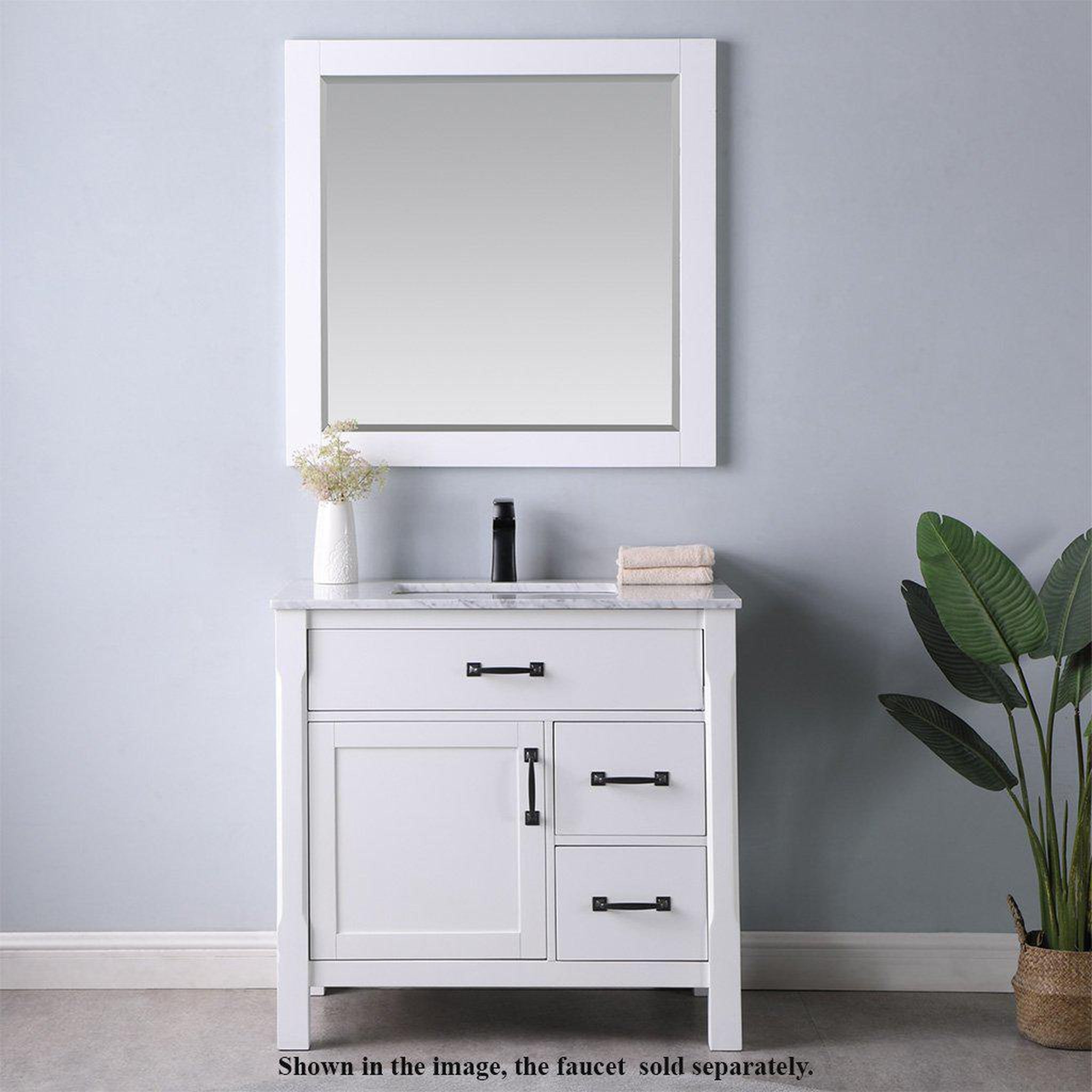 Altair, Altair Maribella 36" Single White Freestanding Bathroom Vanity Set With Mirror, Natural Carrara White Marble Top, Rectangular Undermount Ceramic Sink, and Overflow