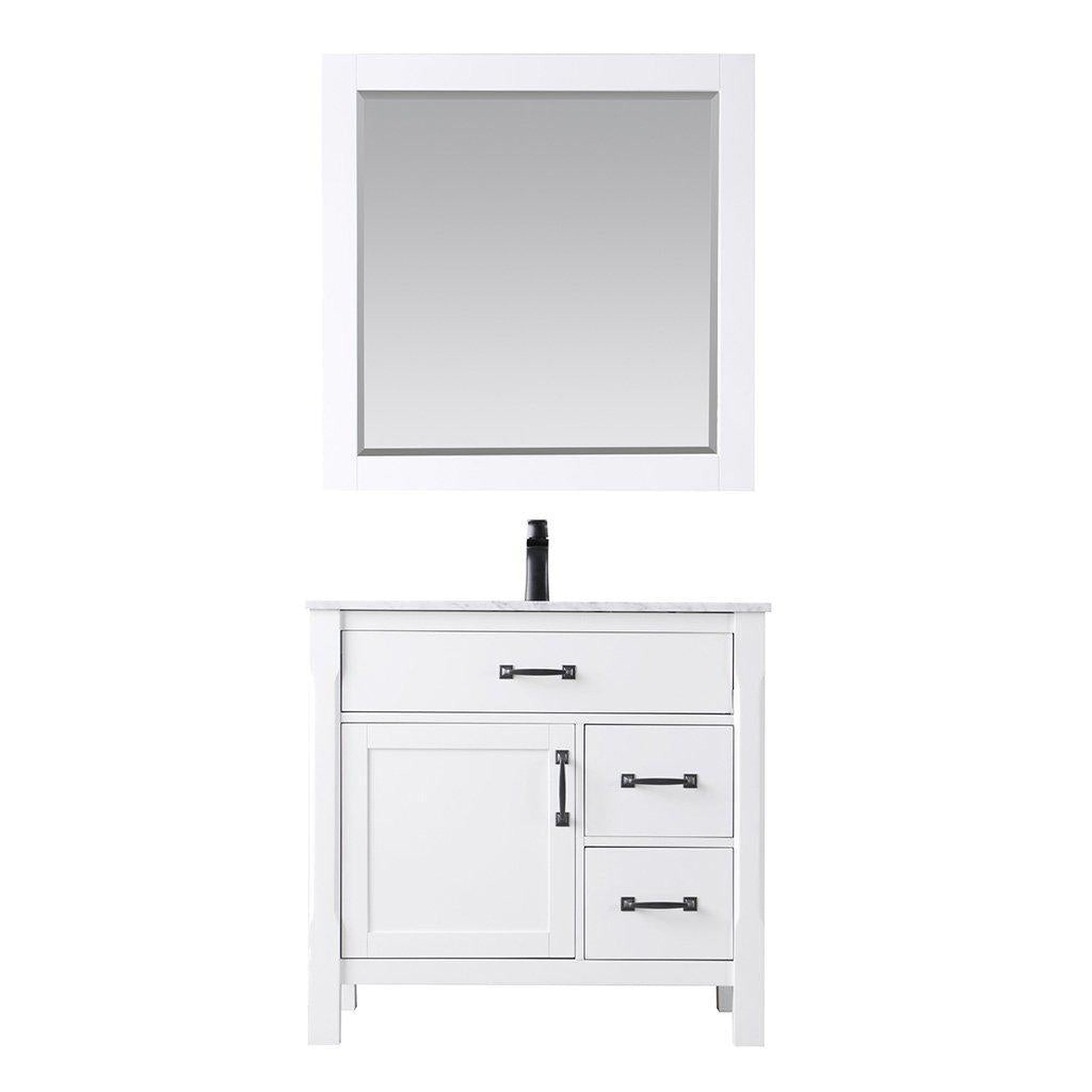 Altair, Altair Maribella 36" Single White Freestanding Bathroom Vanity Set With Mirror, Natural Carrara White Marble Top, Rectangular Undermount Ceramic Sink, and Overflow