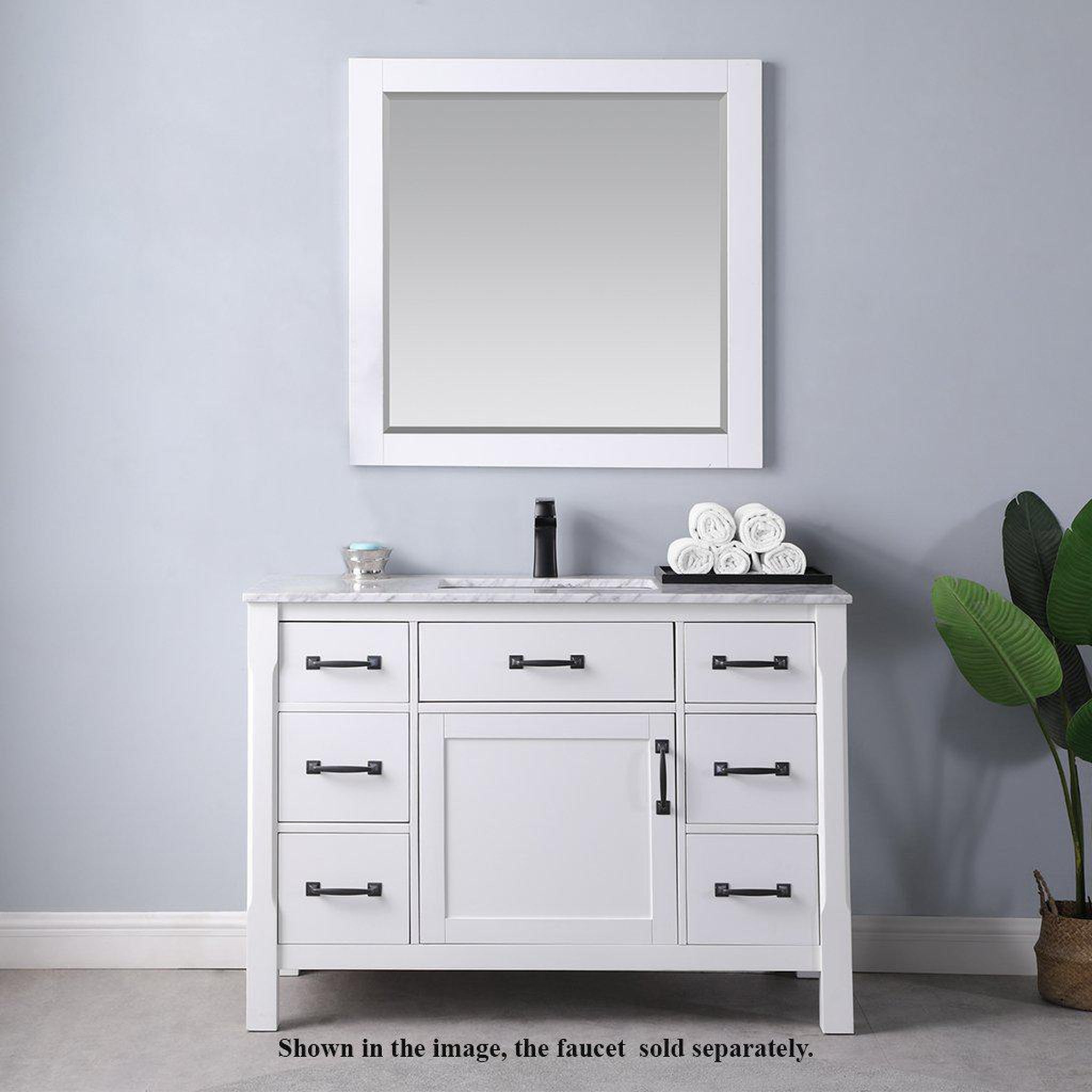 Altair, Altair Maribella 48" Single White Freestanding Bathroom Vanity Set With Mirror, Natural Carrara White Marble Top, Rectangular Undermount Ceramic Sink, and Overflow