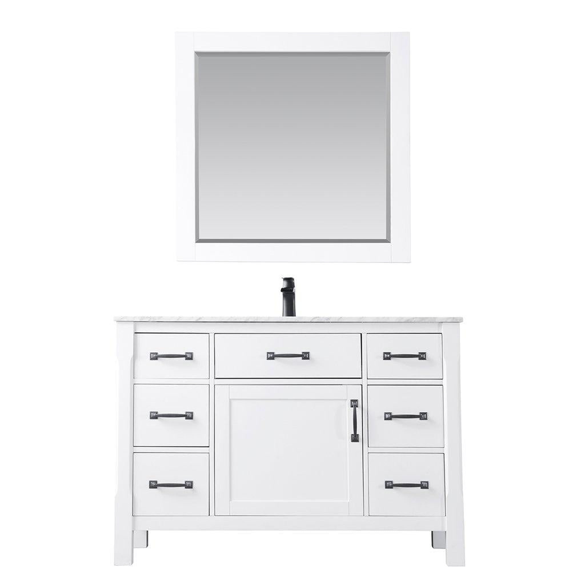 Altair, Altair Maribella 48" Single White Freestanding Bathroom Vanity Set With Mirror, Natural Carrara White Marble Top, Rectangular Undermount Ceramic Sink, and Overflow