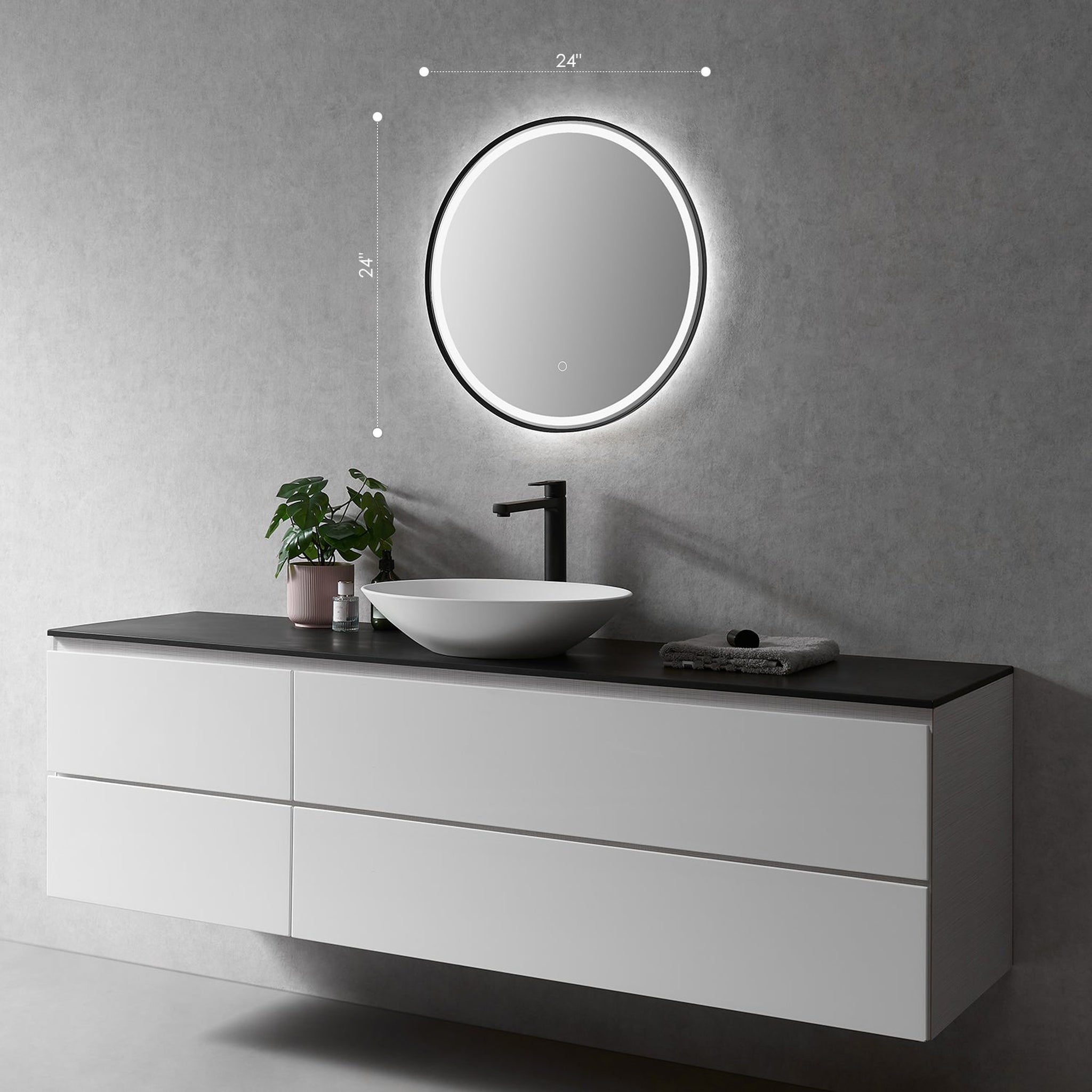 Altair, Altair Palme 24" Round Matte Black Wall-Mounted LED Mirror