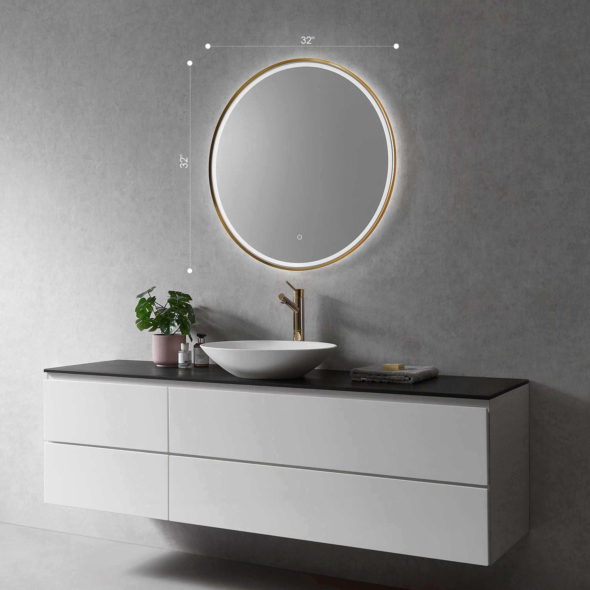 Altair, Altair Palme 32" Round Brushed Gold Wall-Mounted LED Mirror