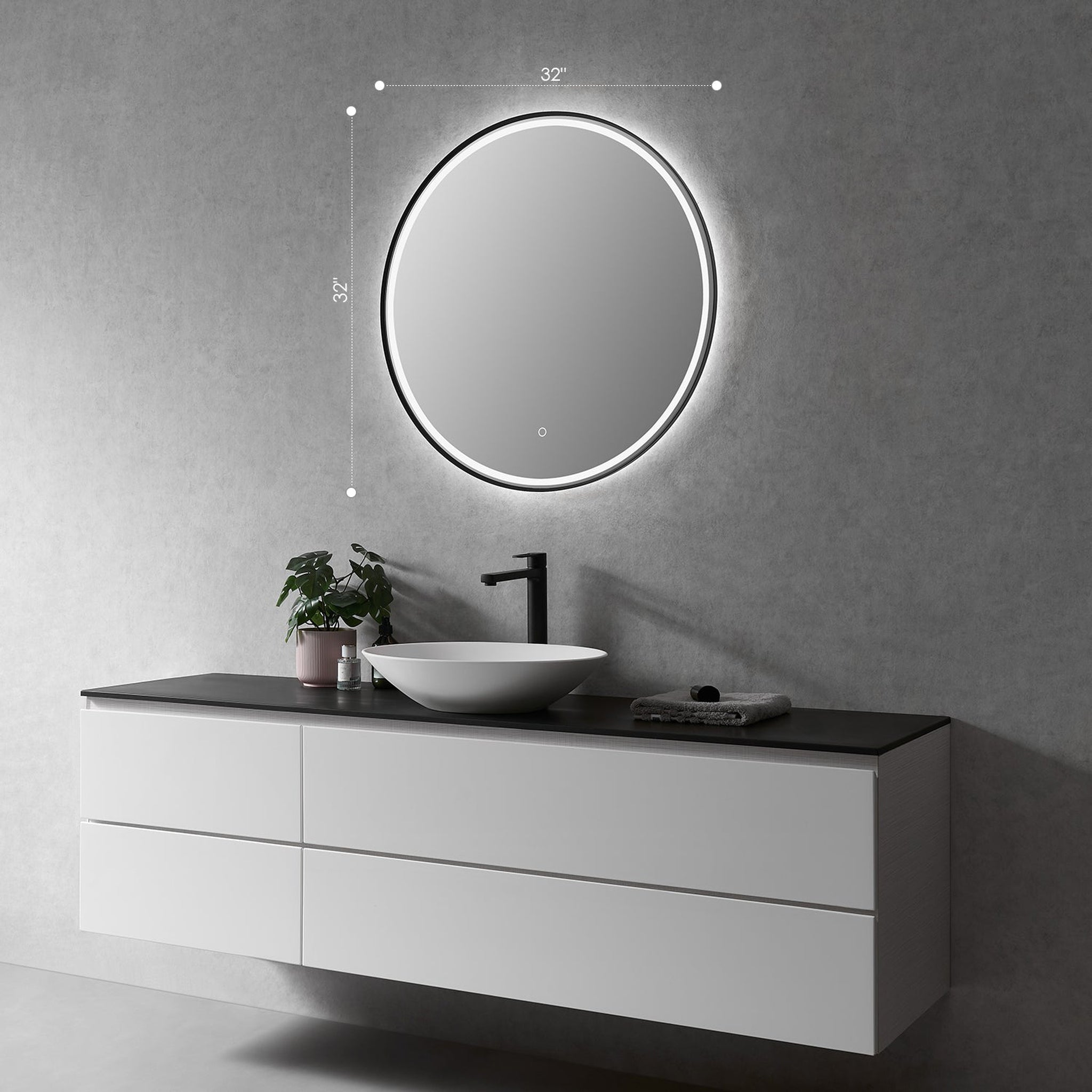 Altair, Altair Palme 32" Round Matte Black Wall-Mounted LED Mirror