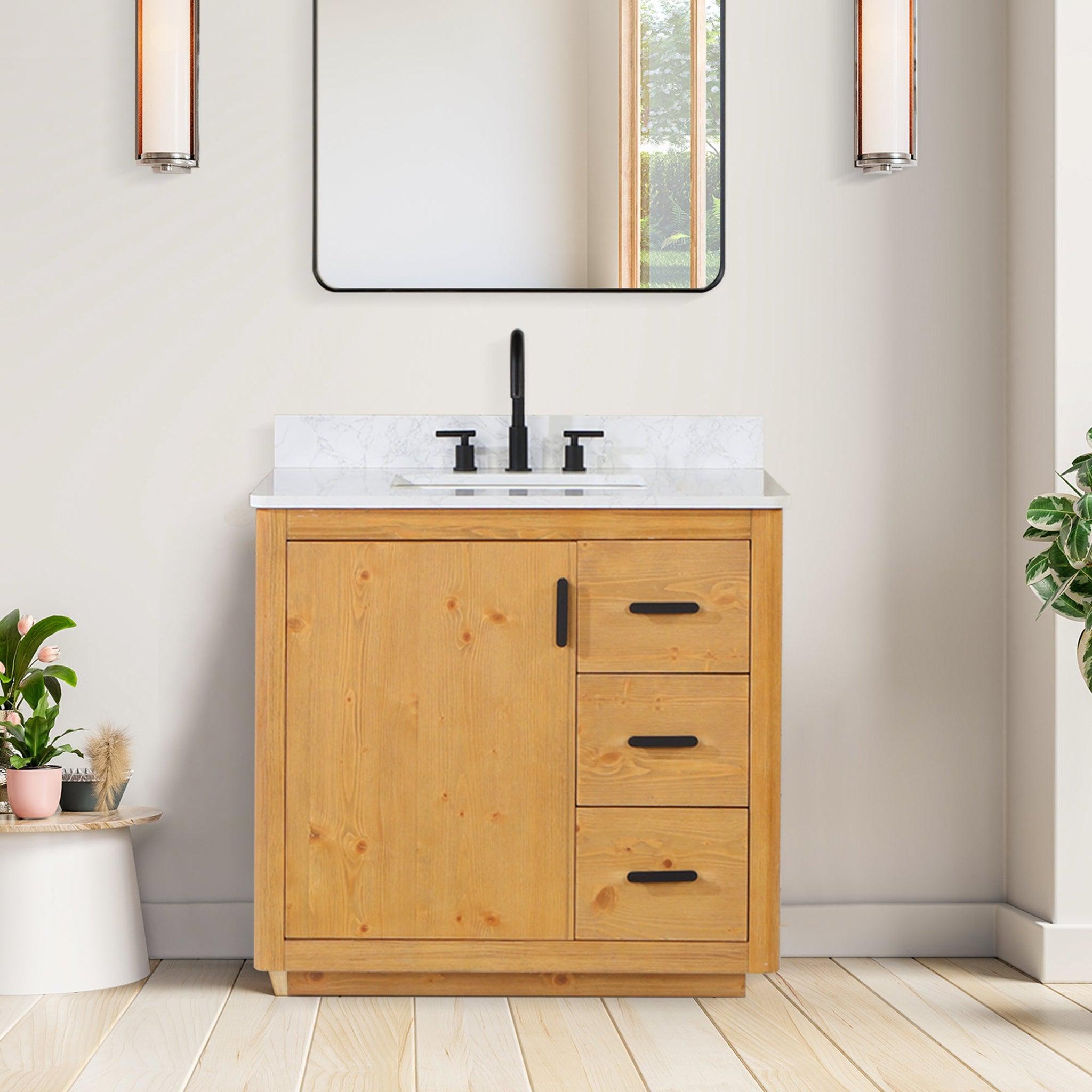 Altair, Altair Perla 36" Natural Wood Freestanding Single Bathroom Vanity Set With Grain White Composite Stone Top, Single Rectangular Undermount Ceramic Sink, and Overflow