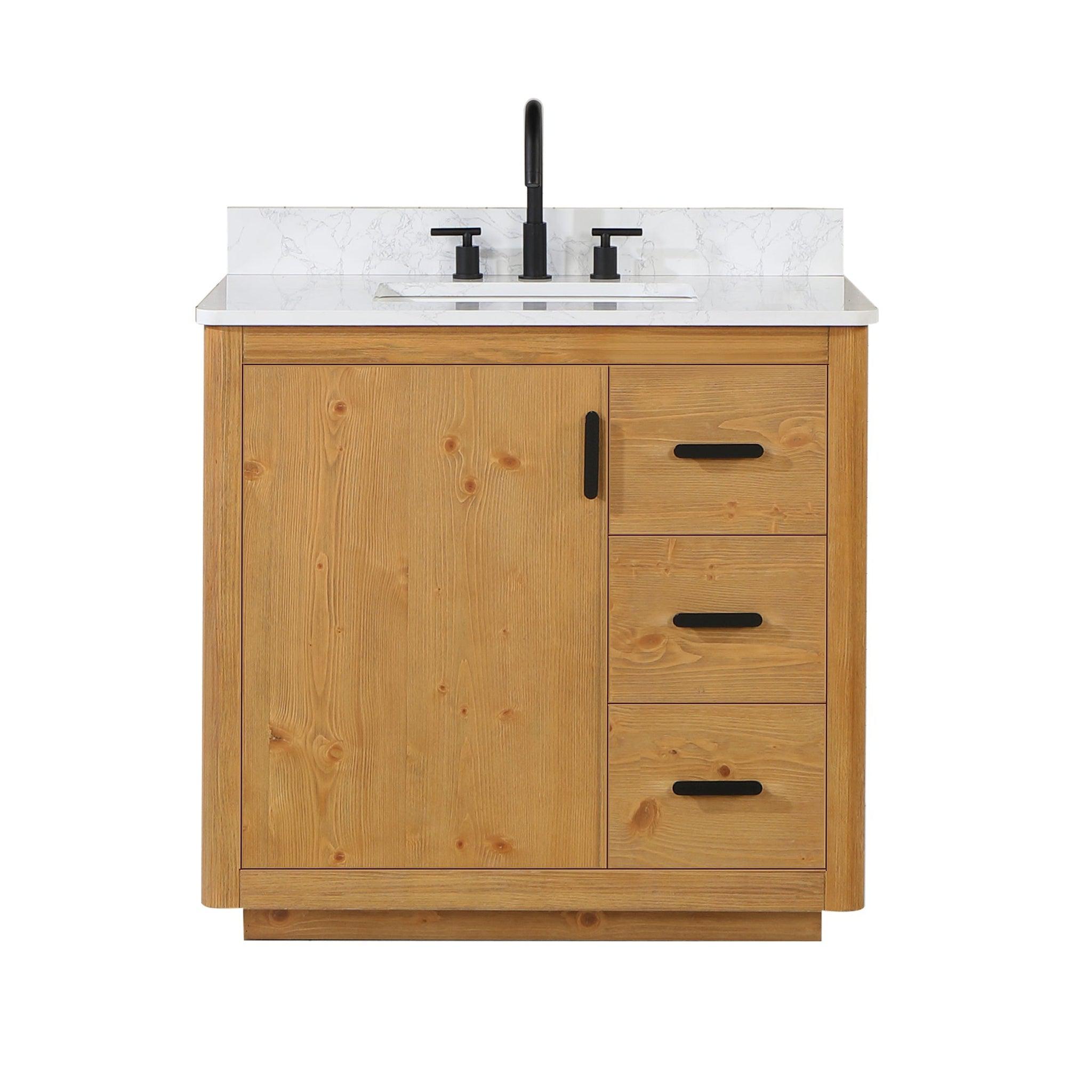 Altair, Altair Perla 36" Natural Wood Freestanding Single Bathroom Vanity Set With Grain White Composite Stone Top, Single Rectangular Undermount Ceramic Sink, and Overflow