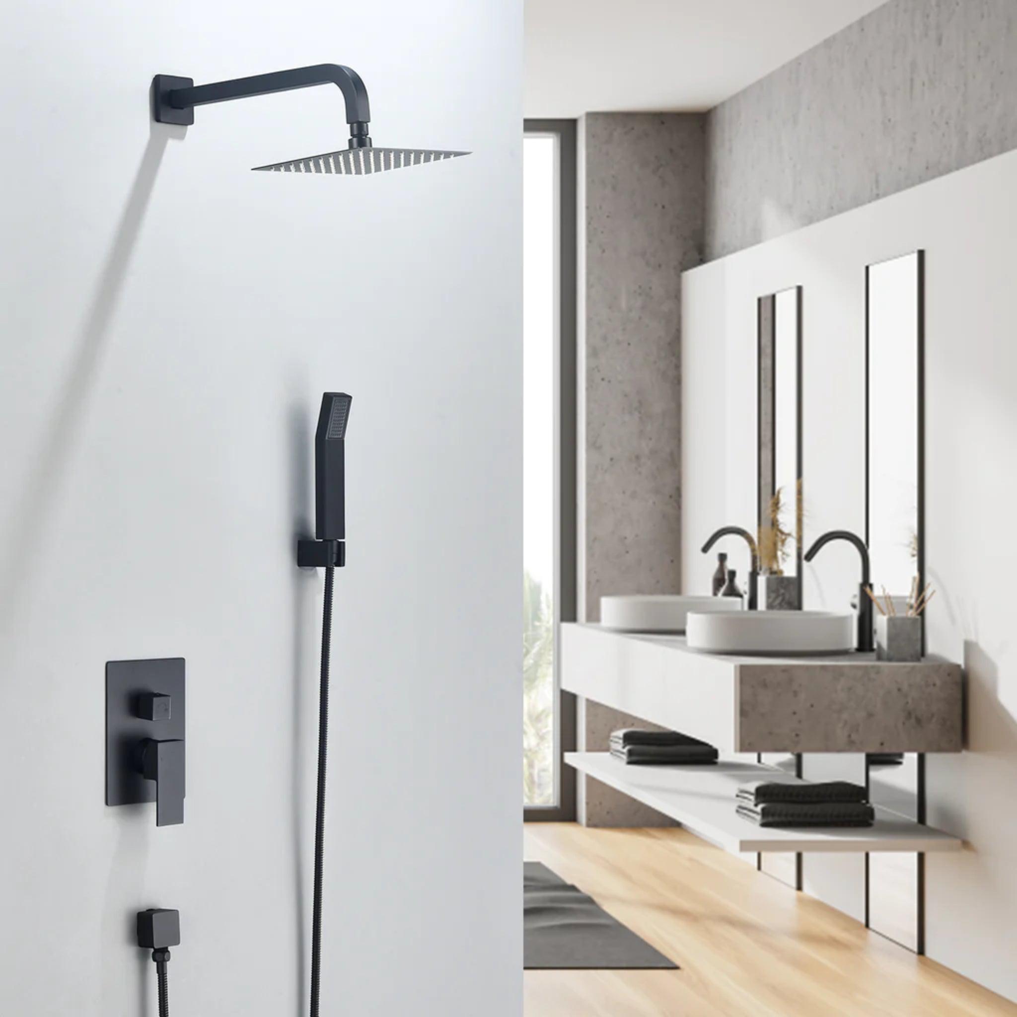 Altair, Altair Raeren Matte Black Complete Shower System With 8" Square Rain Shower Head and Rough-In Valve