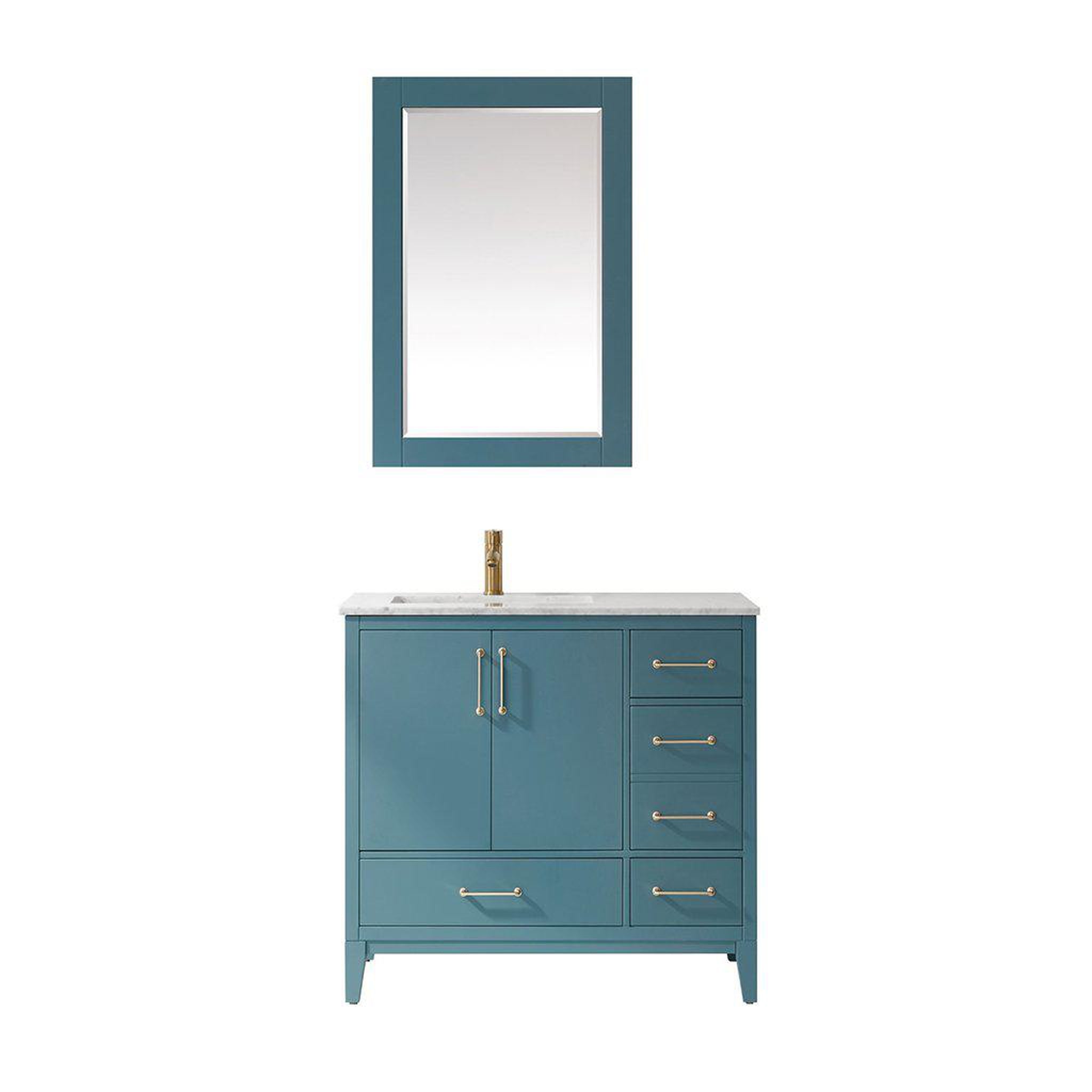 Altair, Altair Sutton 36" Single Royal Green Freestanding Bathroom Vanity Set With Mirror, Natural Carrara White Marble Rectangular Undermount Ceramic Sink, and Overflow