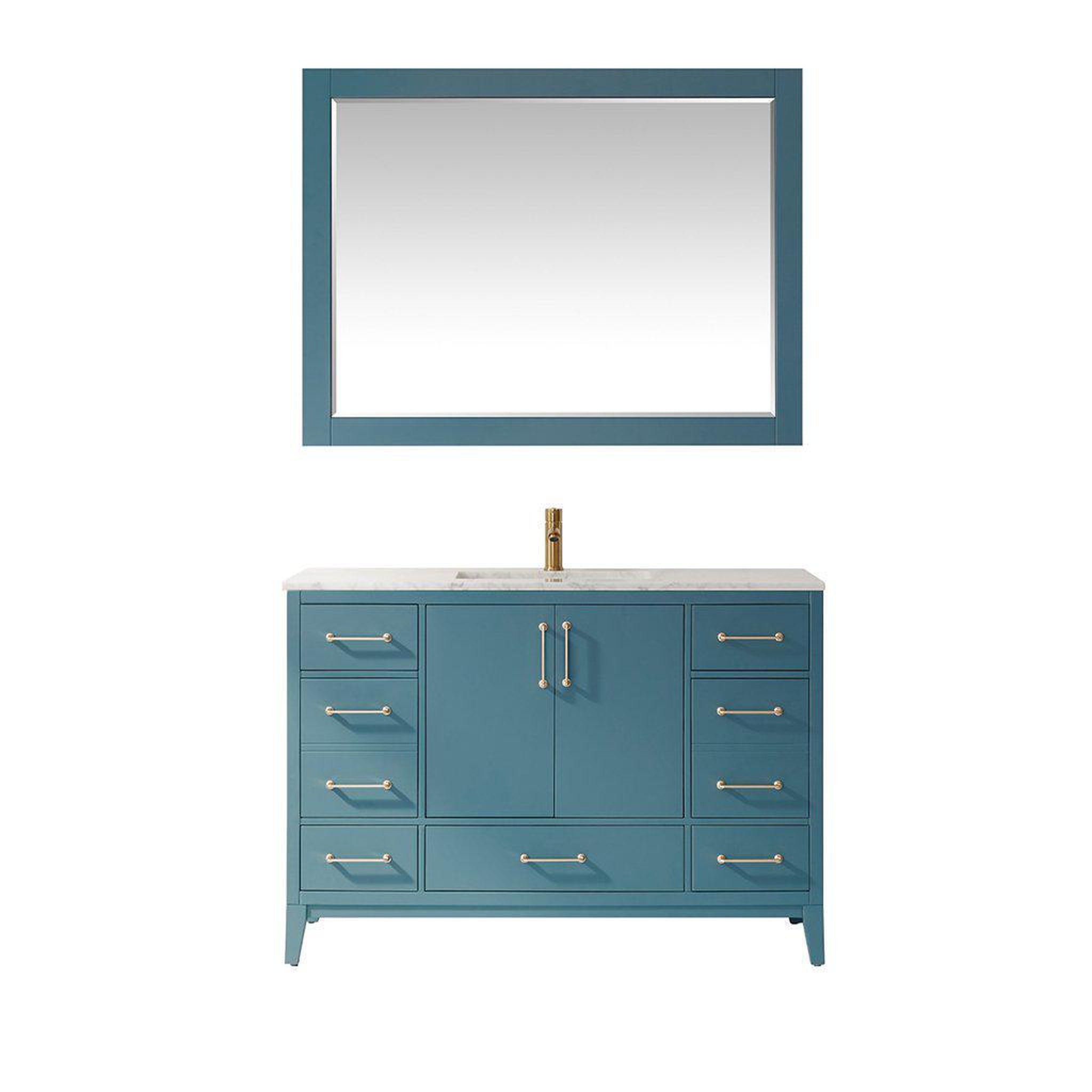 Altair, Altair Sutton 48" Single Royal Green Freestanding Bathroom Vanity Set With Mirror, Natural Carrara White Marble Rectangular Undermount Ceramic Sink, and Overflow