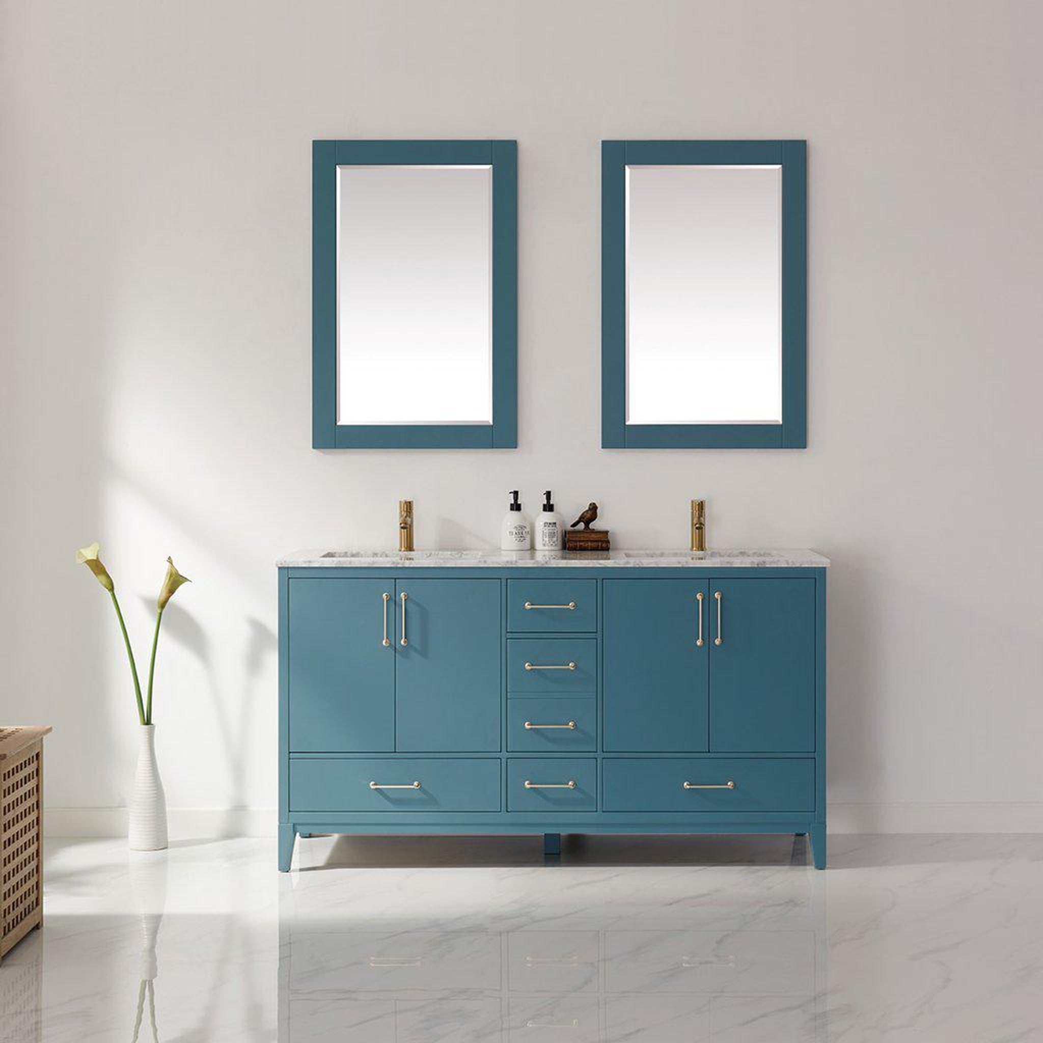 Altair, Altair Sutton 60" Double Royal Green Freestanding Bathroom Vanity Set With Mirror, Natural Carrara White Marble Two Rectangular Undermount Ceramic Sinks, and Overflow