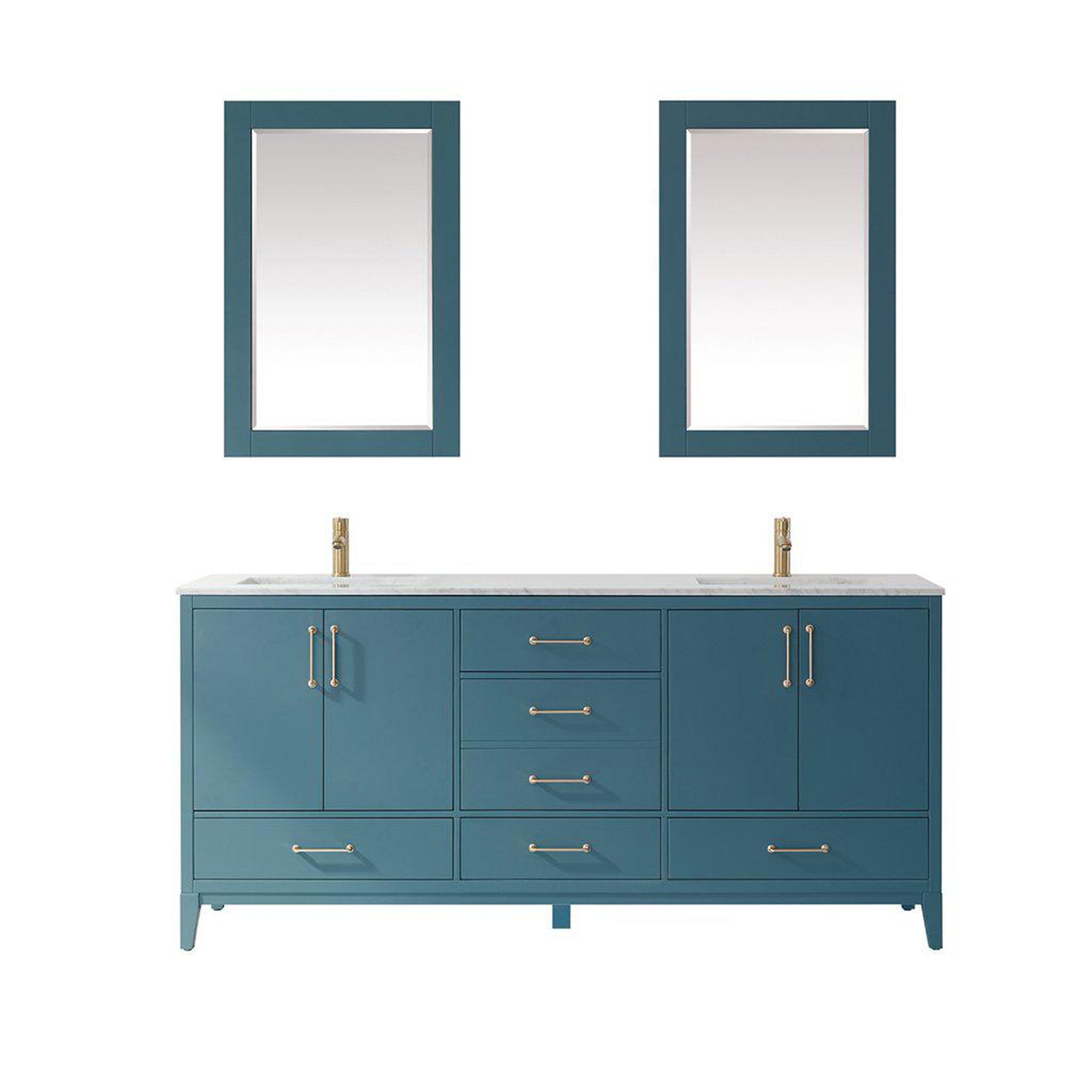 Altair, Altair Sutton 72" Double Royal Green Freestanding Bathroom Vanity Set With Mirror, Natural Carrara White Marble Two Rectangular Undermount Ceramic Sinks, and Overflow