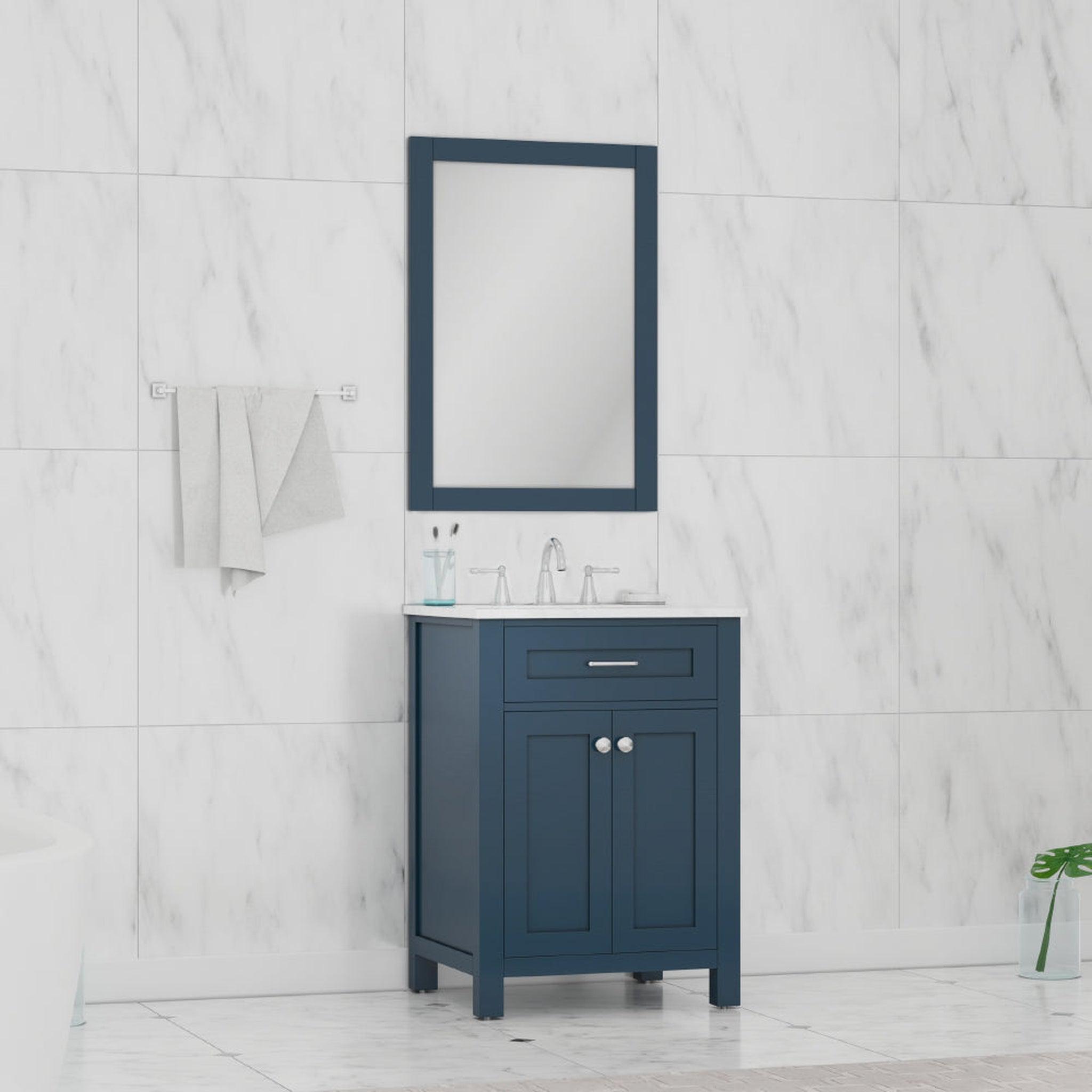 Alya Bath, Alya Bath Norwalk 24" Single Blue Freestanding  Bathroom Vanity With Carrara Marble Top, Ceramic Sink and Wall Mounted Mirror