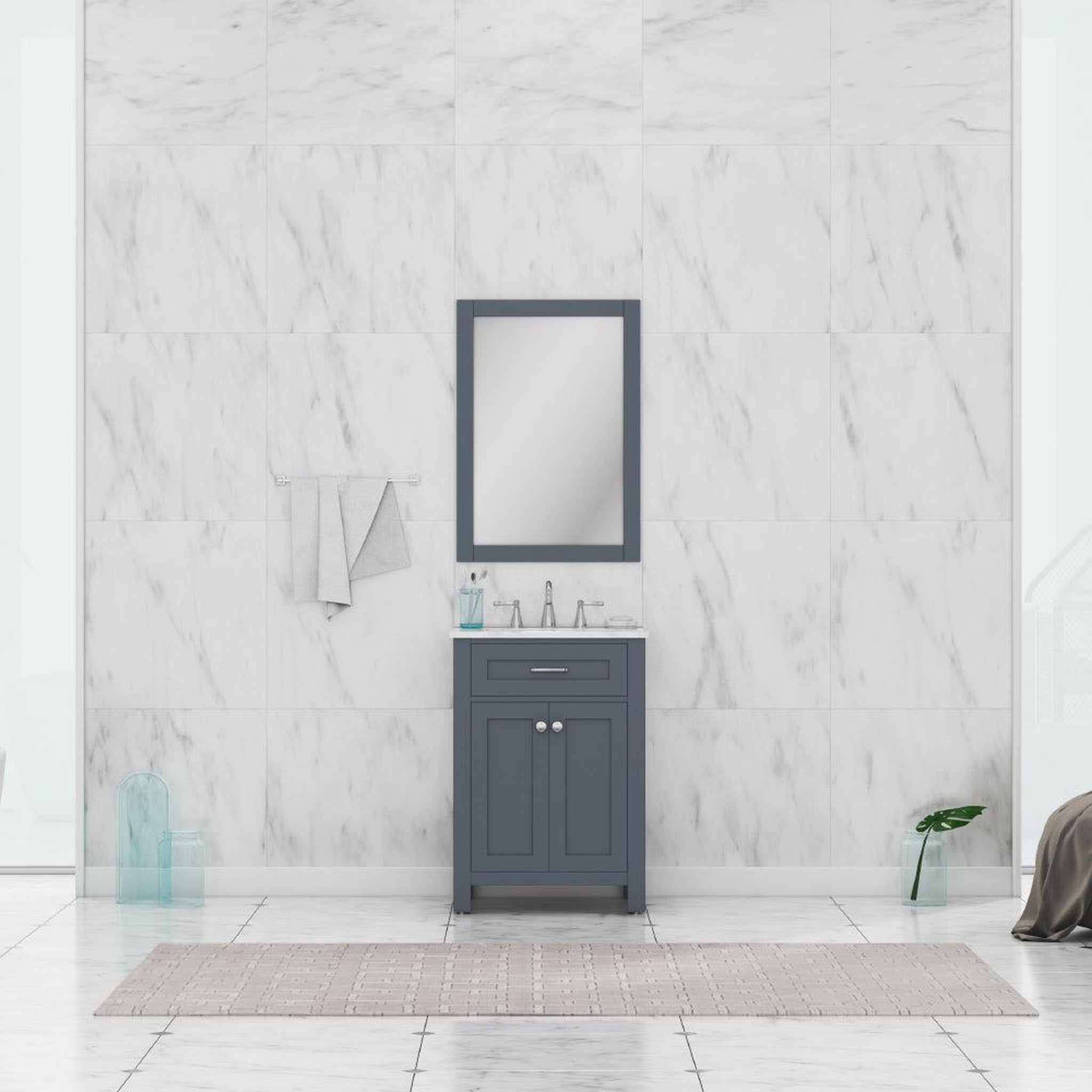 Alya Bath, Alya Bath Norwalk 24" Single Gray Freestanding  Bathroom Vanity With Carrara Marble Top, Ceramic Sink and Wall Mounted Mirror