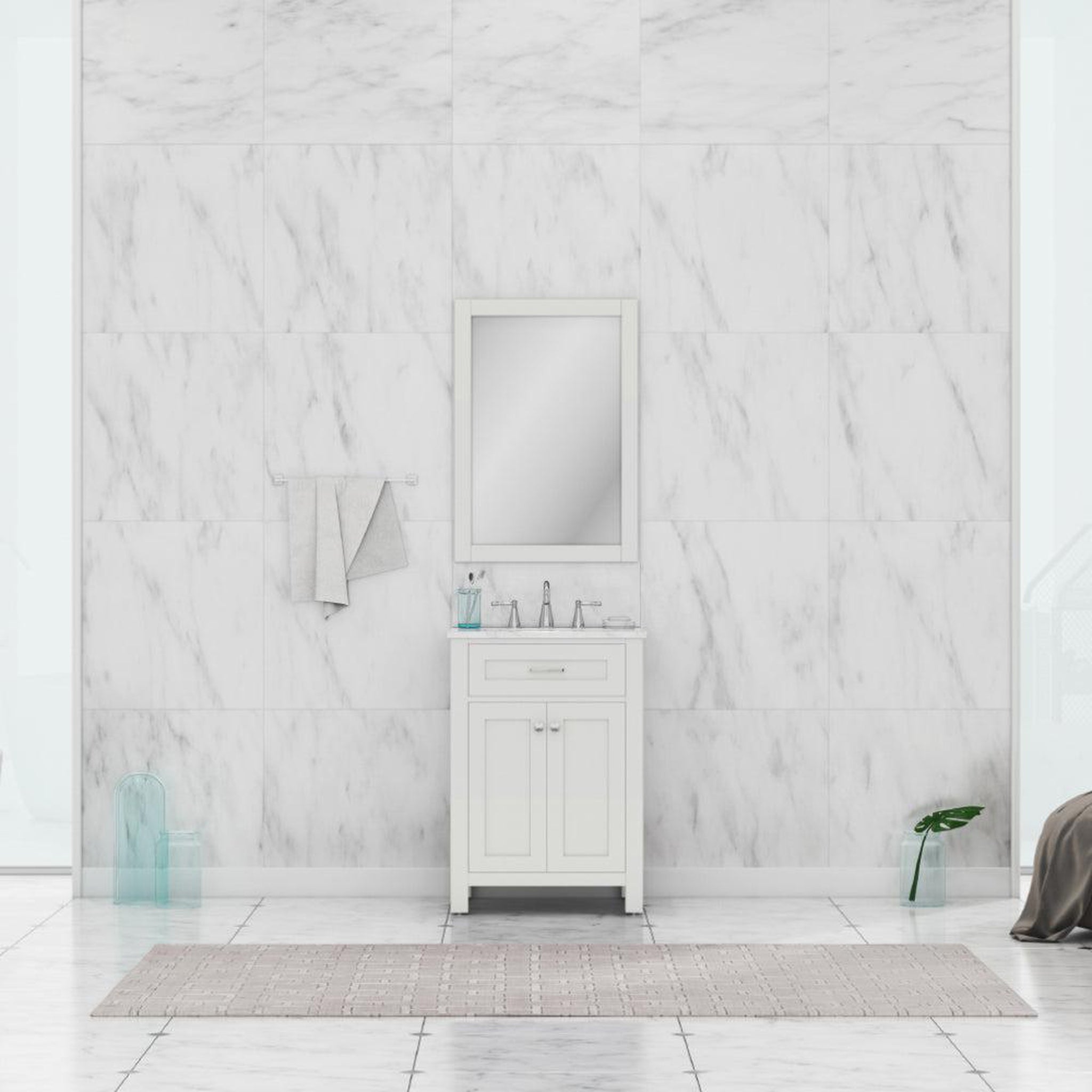 Alya Bath, Alya Bath Norwalk 24" Single White Freestanding  Bathroom Vanity With Carrara Marble Top, Ceramic Sink and Wall Mounted Mirror