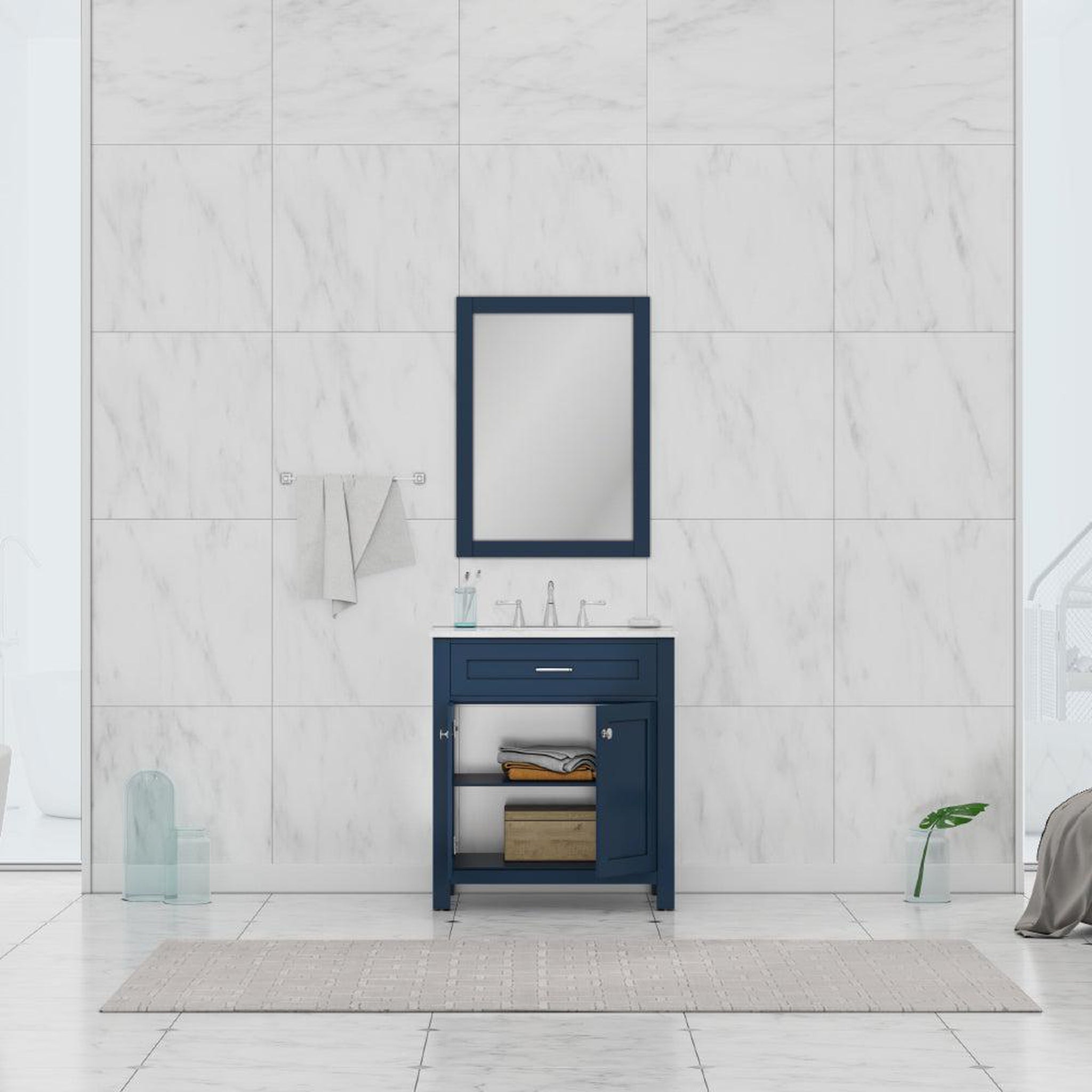 Alya Bath, Alya Bath Norwalk 30" Single Blue Freestanding  Bathroom Vanity With Carrara Marble Top, Ceramic Sink and Wall Mounted Mirror