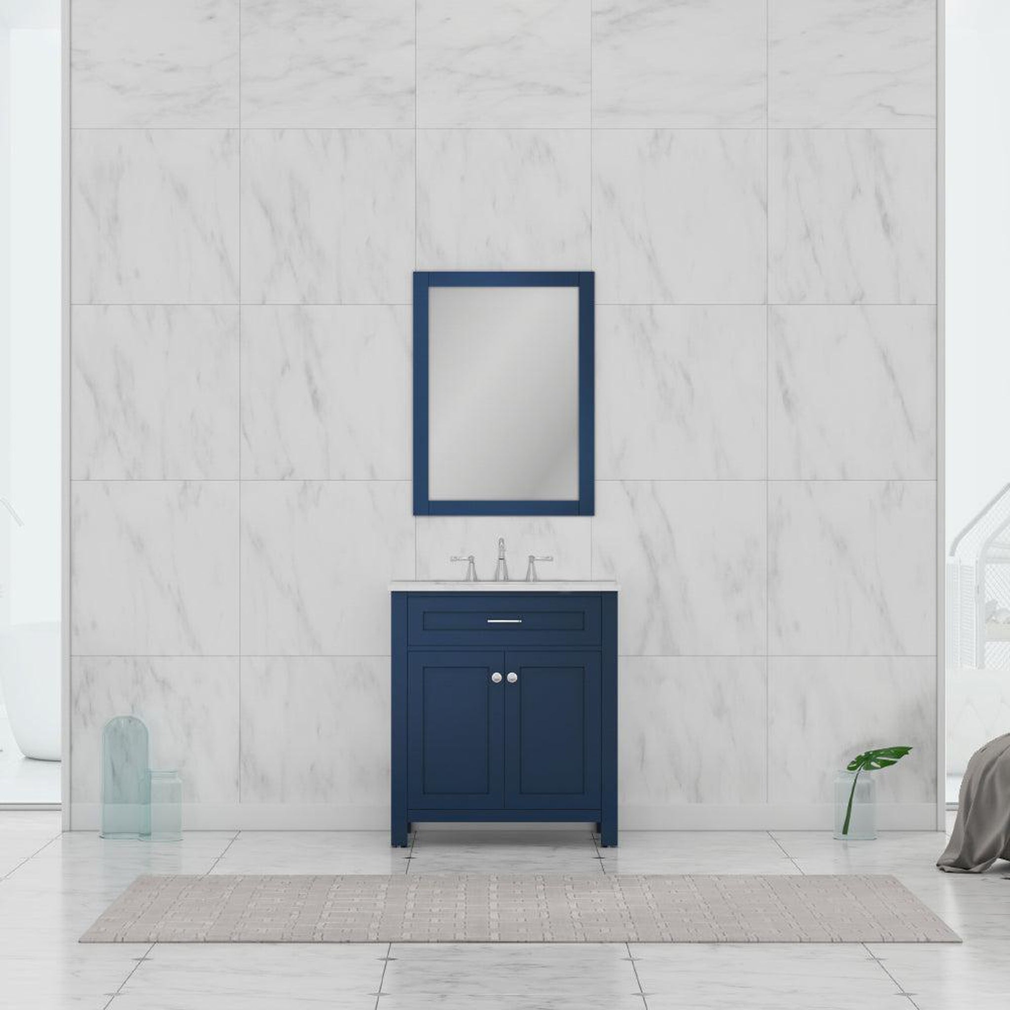 Alya Bath, Alya Bath Norwalk 30" Single Blue Freestanding  Bathroom Vanity With Carrara Marble Top, Ceramic Sink and Wall Mounted Mirror