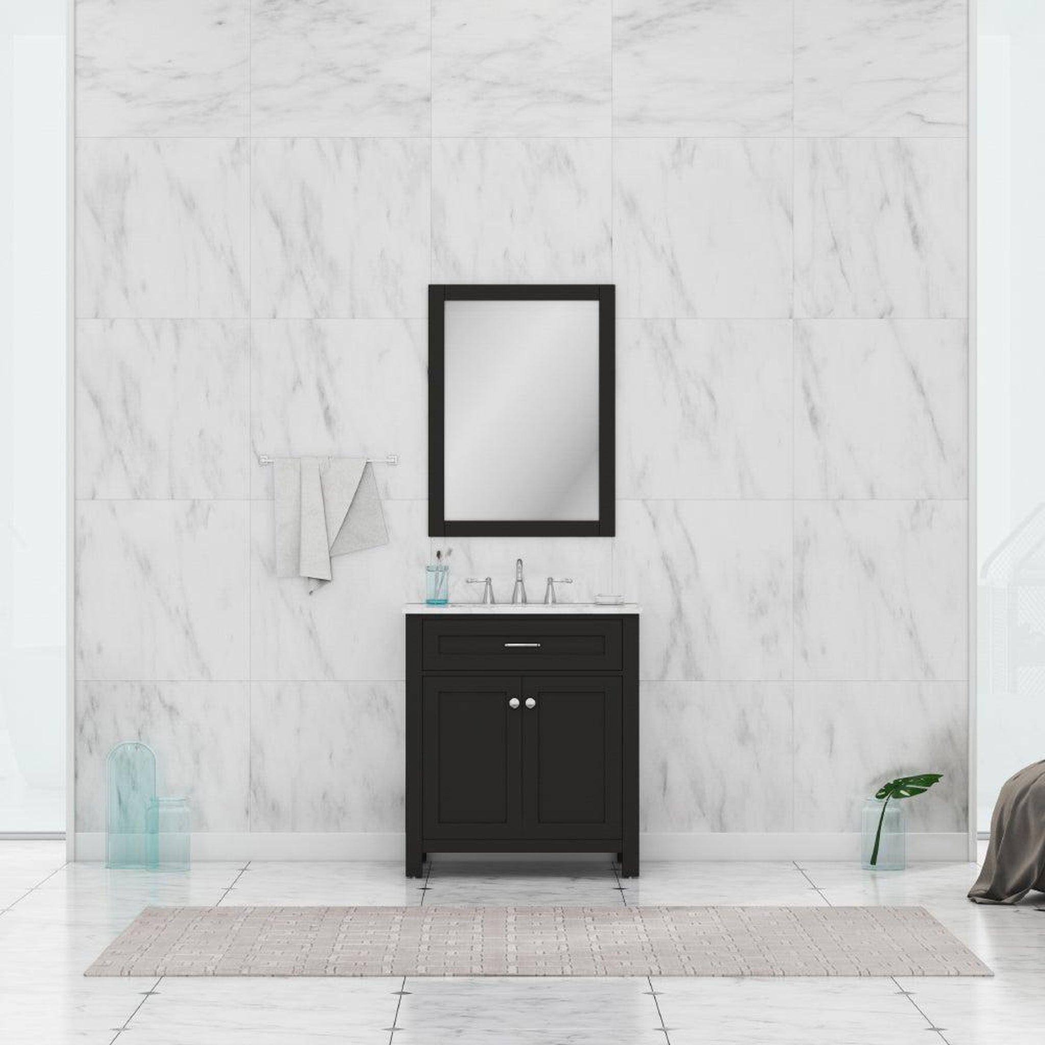 Alya Bath, Alya Bath Norwalk 30" Single Espresso Freestanding Bathroom Vanity With Carrara Marble Top, Ceramic Sink and Wall Mounted Mirror