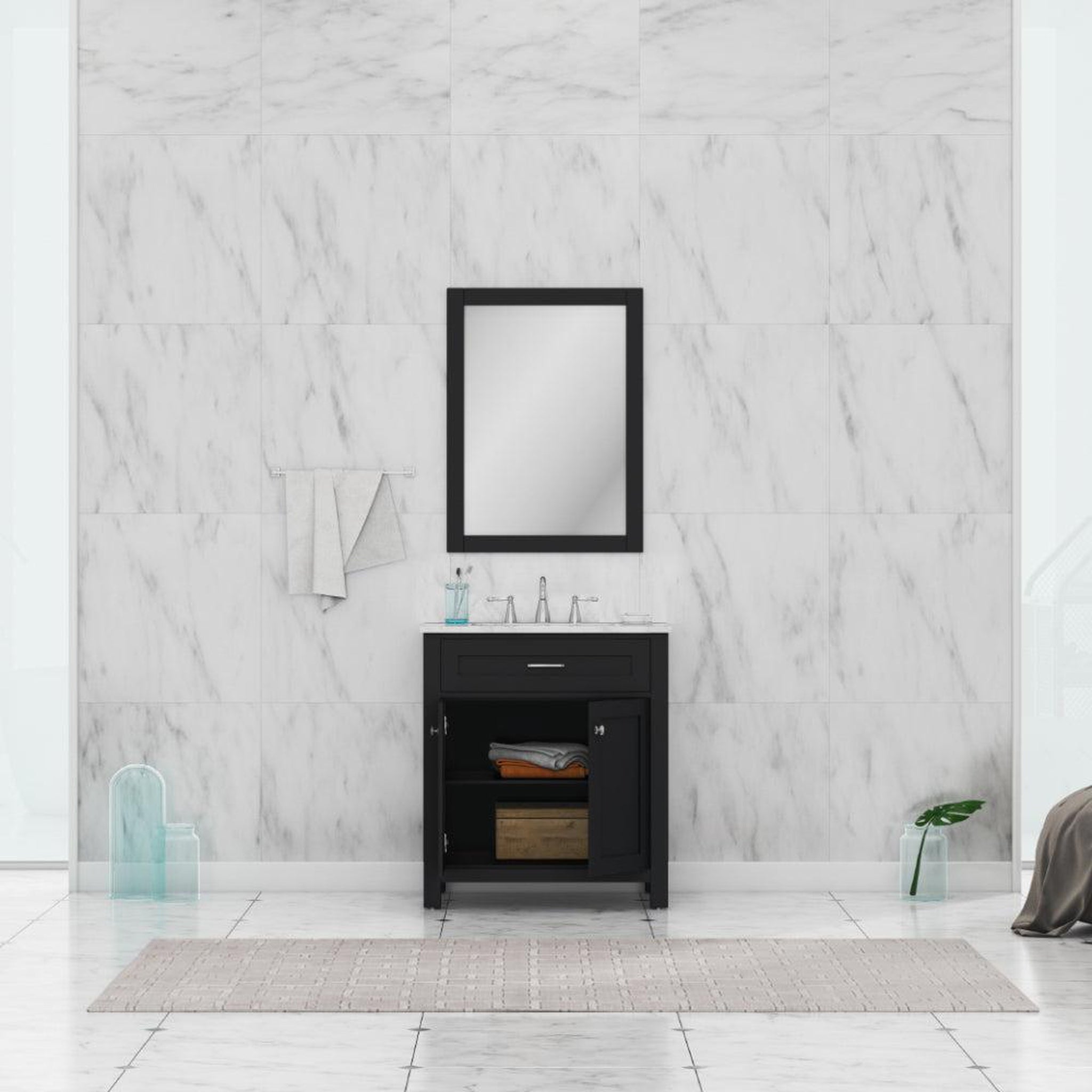 Alya Bath, Alya Bath Norwalk 30" Single Espresso Freestanding Bathroom Vanity With Carrara Marble Top, Ceramic Sink and Wall Mounted Mirror