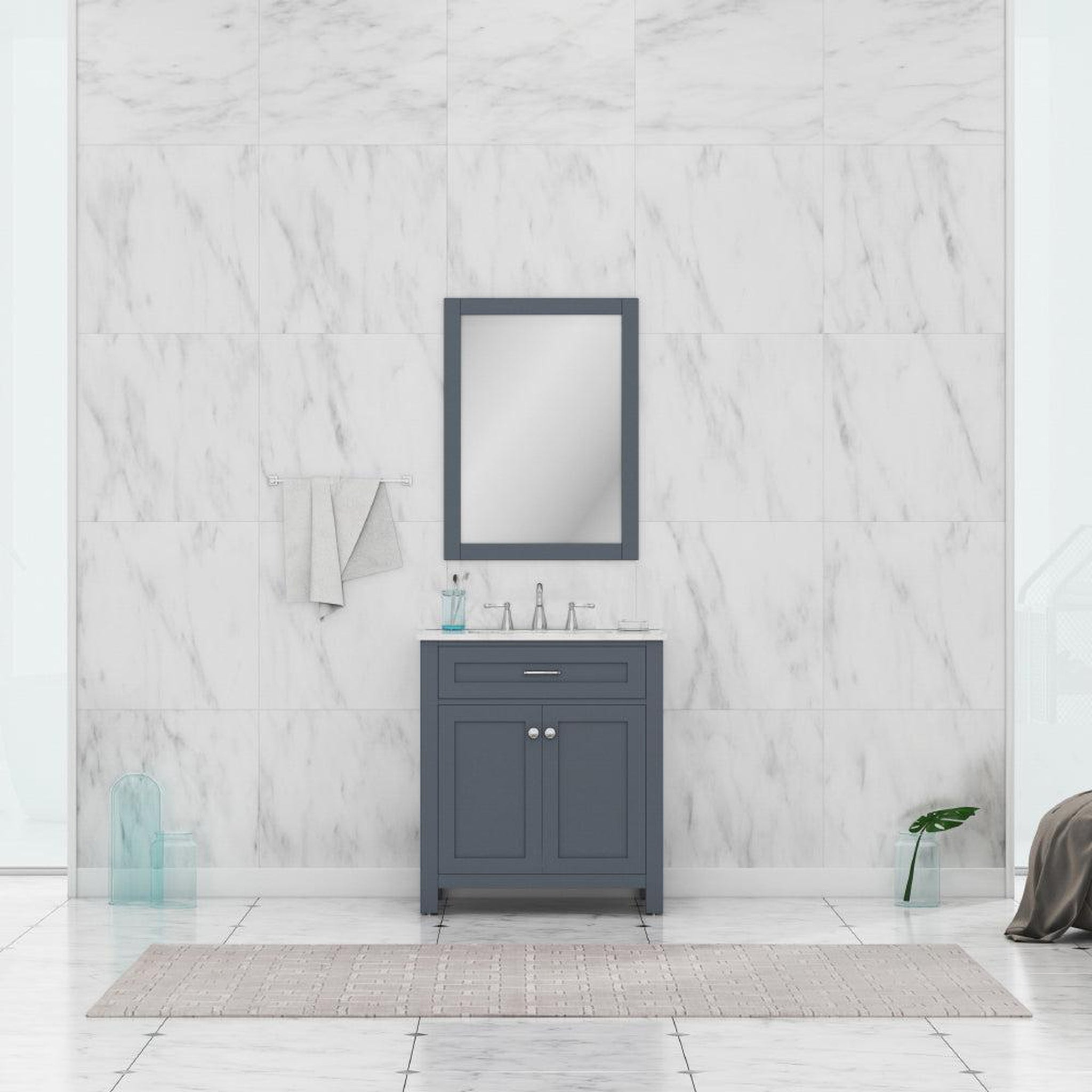 Alya Bath, Alya Bath Norwalk 30" Single Gray Freestanding  Bathroom Vanity With Carrara Marble Top, Ceramic Sink and Wall Mounted Mirror